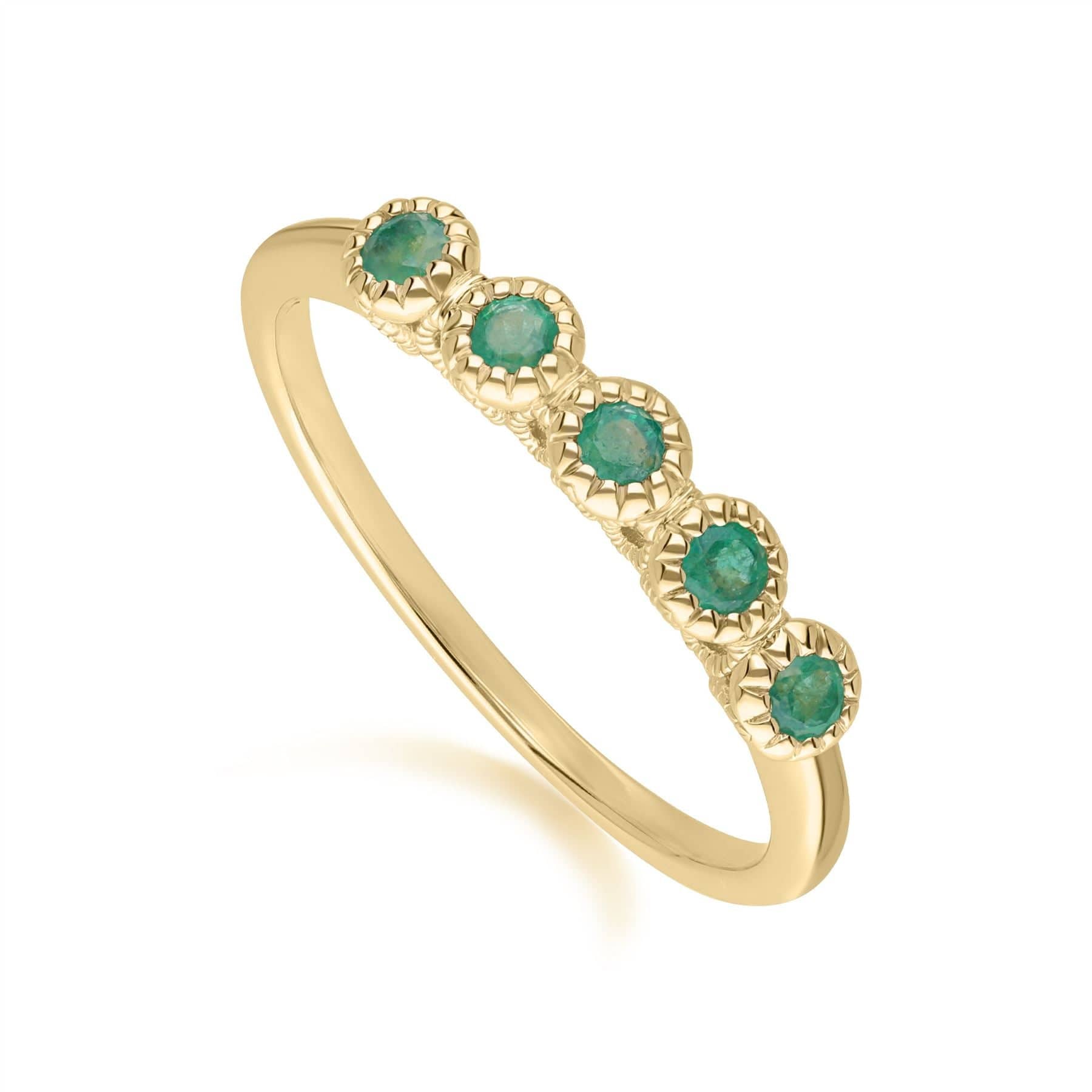 Classic Round Emerald Five Stone Eternity Ring in 9ct Yellow Gold - Gemondo