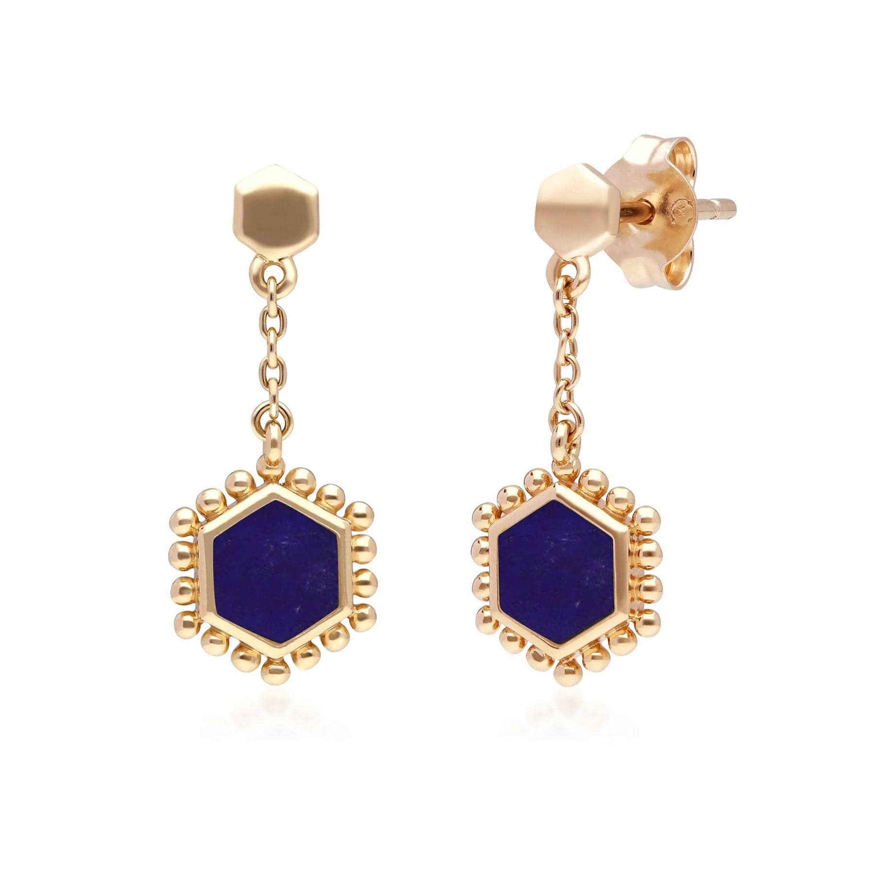 271E020801925 Lapis Lazuli Flat Slice Hex Drop Earrings in Gold Plated Sterling Silver 1