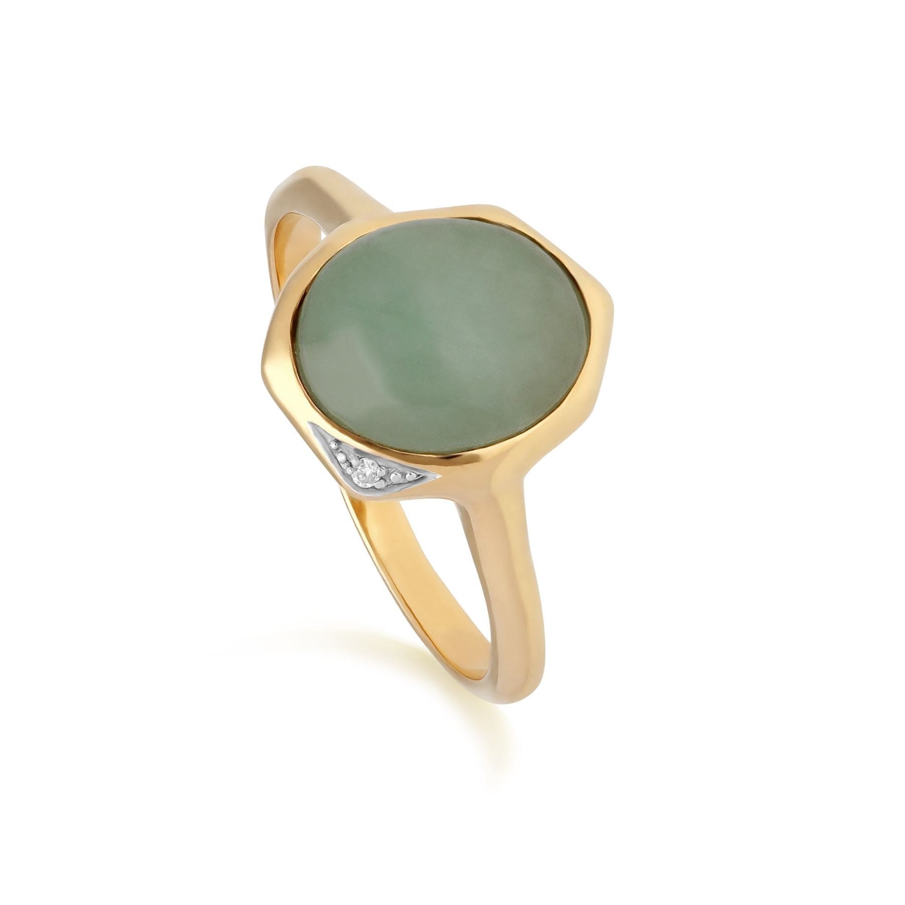 Irregular Dyed Green Jade & Diamond Ring in Gold Plated Sterling Silver 