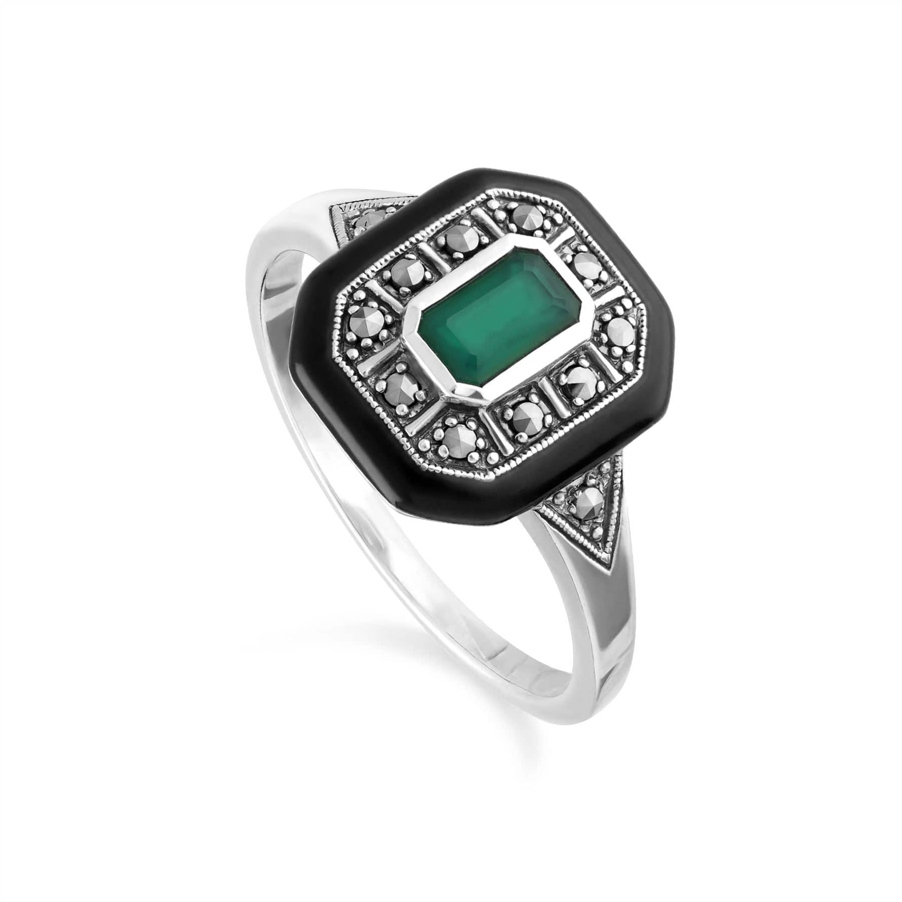 214R608001925 Art Deco Inspired Chalcedony, Enamel & Marcasite Square Ring In Sterling Silver 1