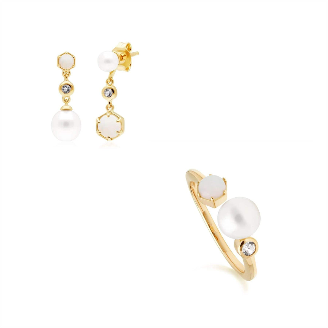 270E030701925-270R059101925 Modern Pearl, Topaz & Opal Earring & Ring Set in Gold Plated Silver 1