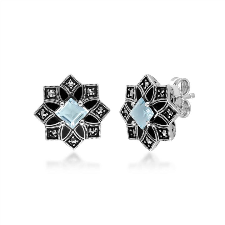 214E897604925 Art Deco Inspired Blue Topaz & Marcasite Star Stud Earrings Front