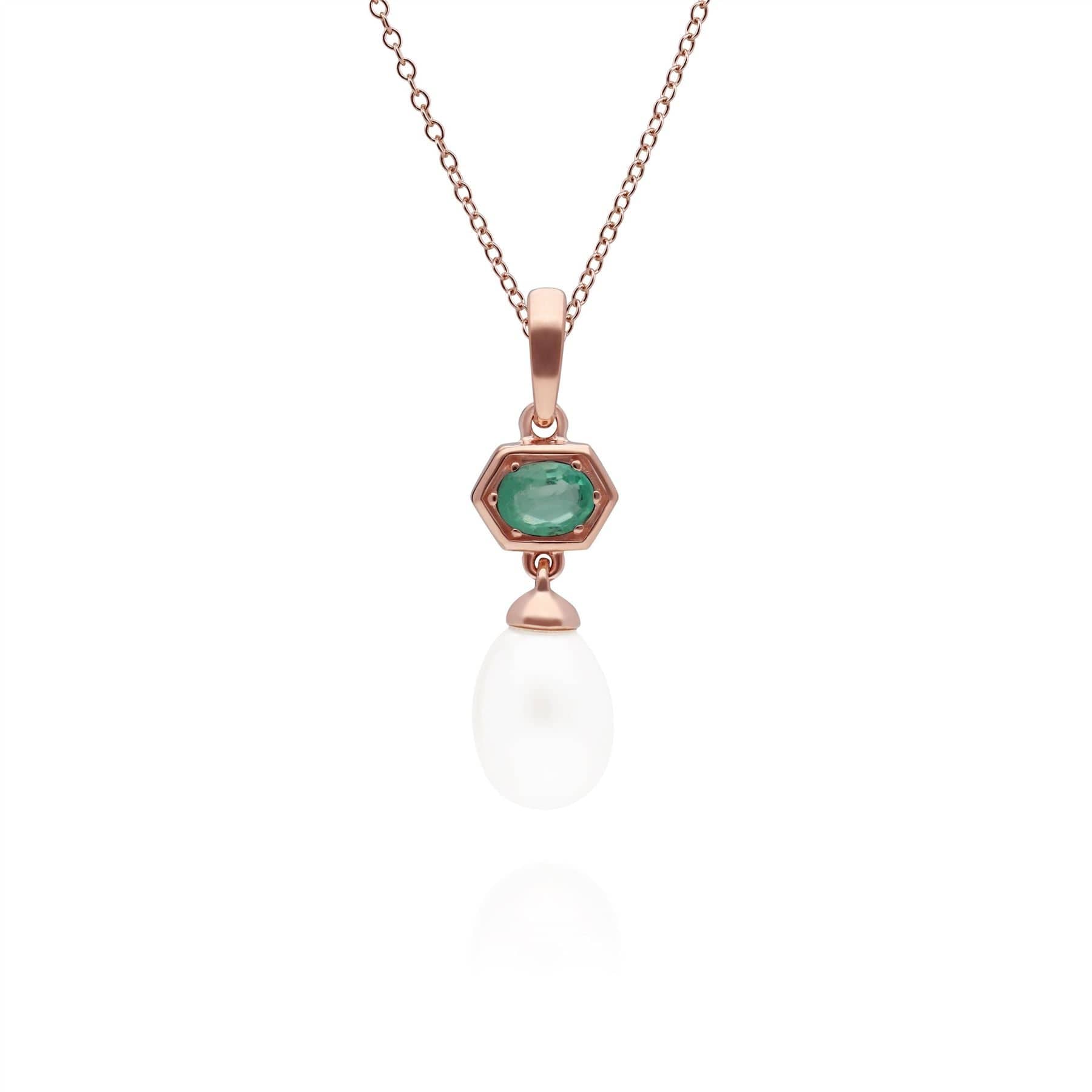 270P030403925 Modern Pearl & Emerald Hexagon Drop Pendant in Rose Gold Plated Silver 1