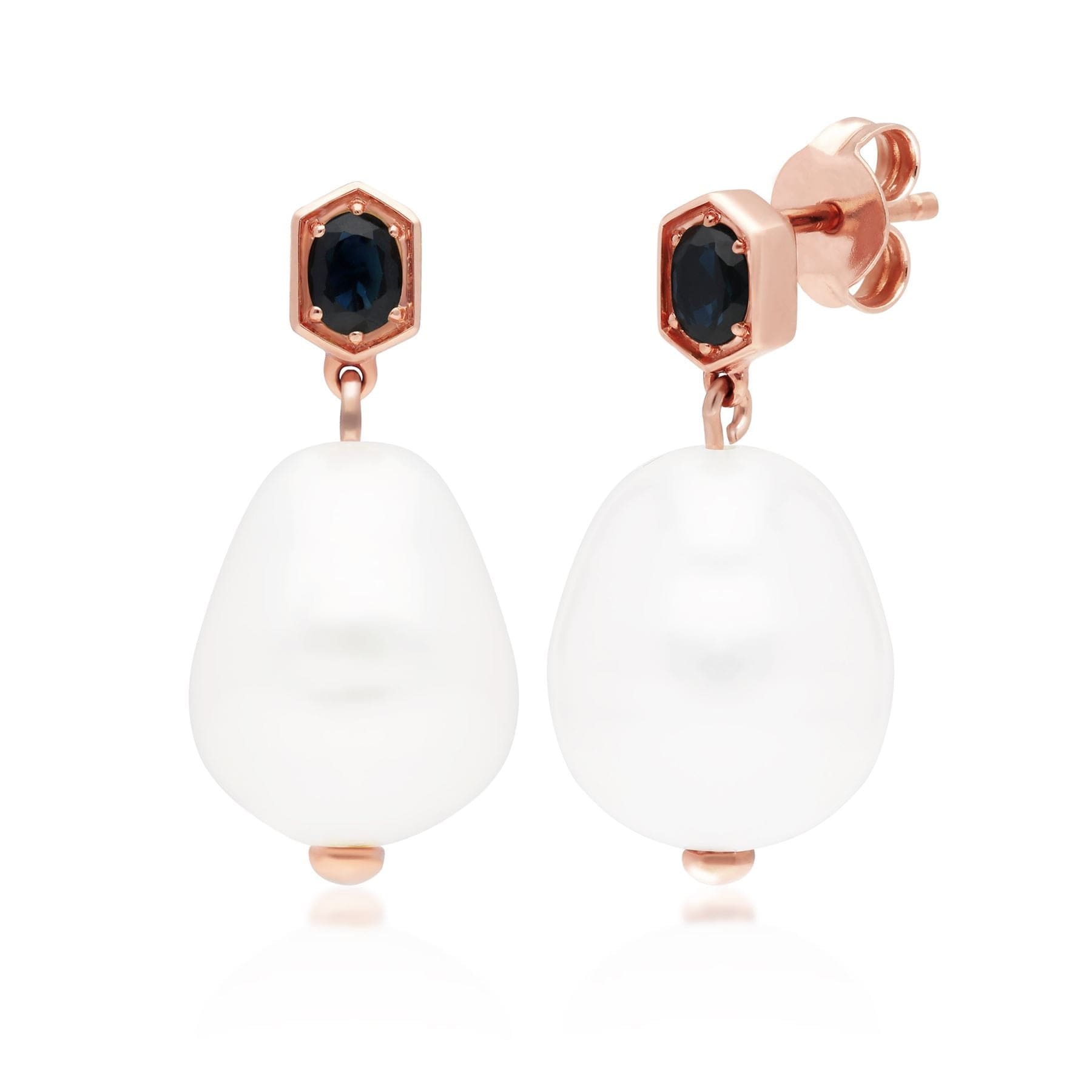 270E030501925 Modern Baroque Pearl & Sapphire Drop Earrings in Rose Gold Plated Silver 1
