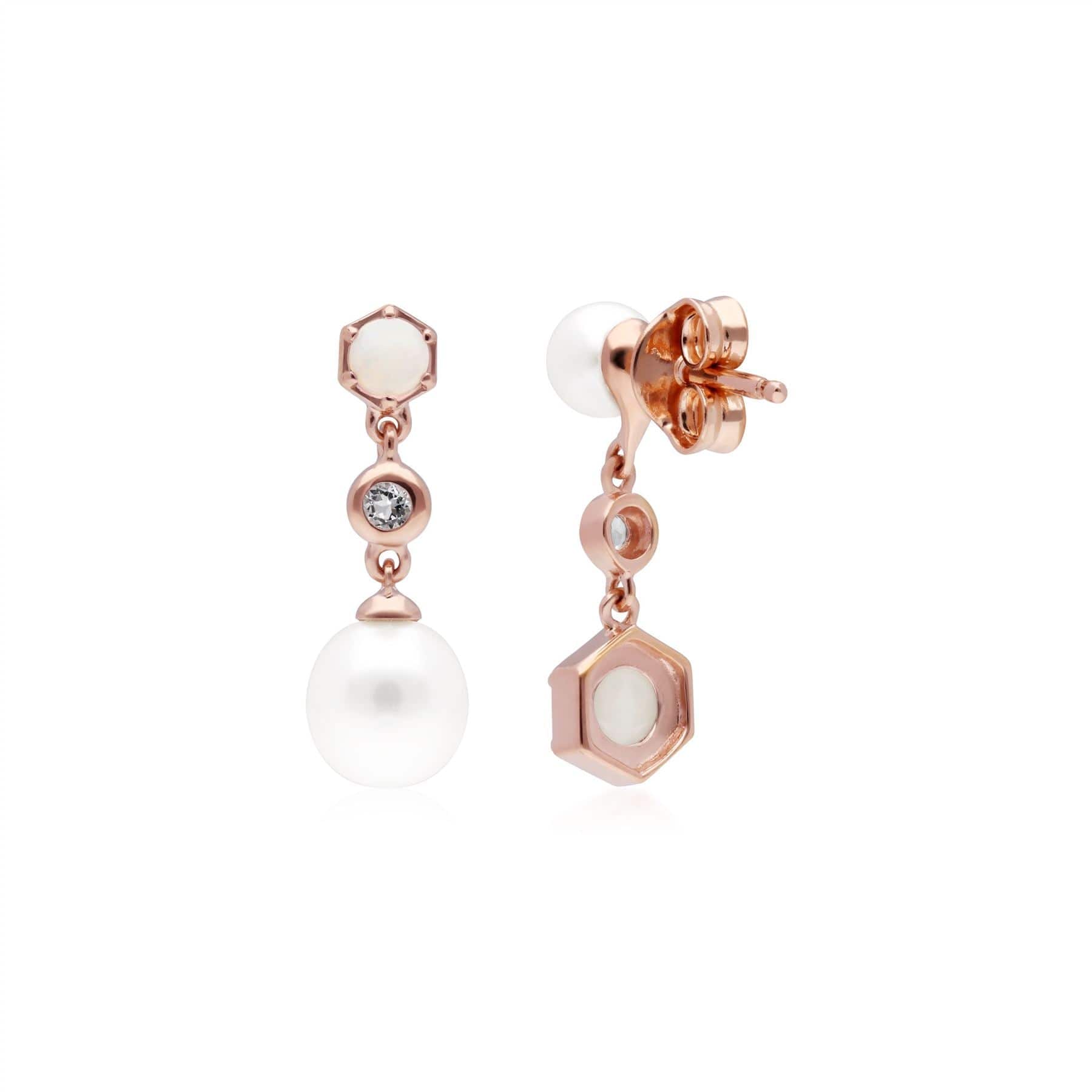 270E030901925 Modern Pearl, Opal & Topaz Mismatched Drop Earrings in Rose Gold Plated Silver 2