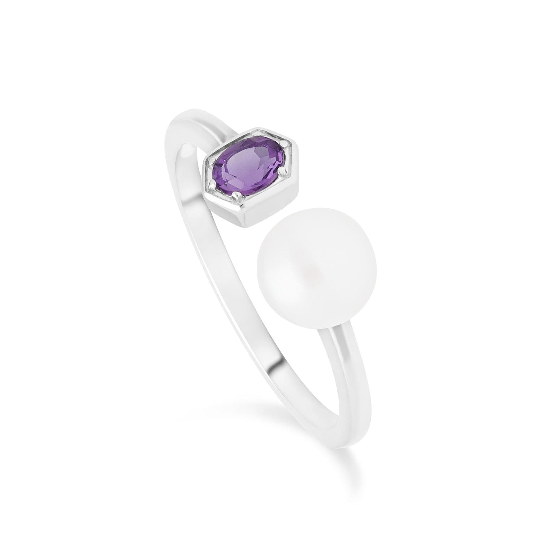 270R057701925 Modern Pearl & Amethyst Open Ring in 925 Sterling Silver 1