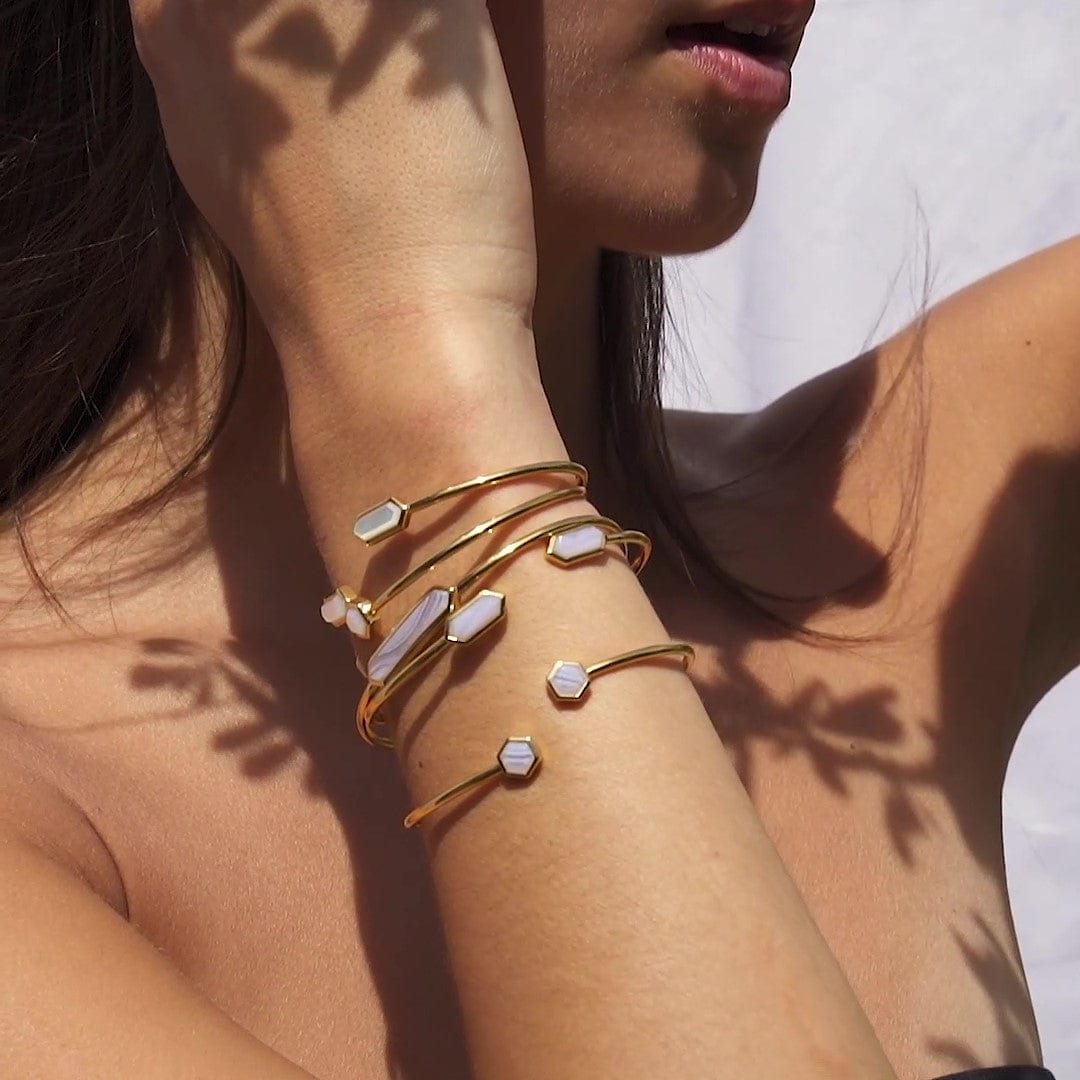 Geometric Hexagon Blue Lace Agate Bangle in Gold Plated Silver - Gemondo