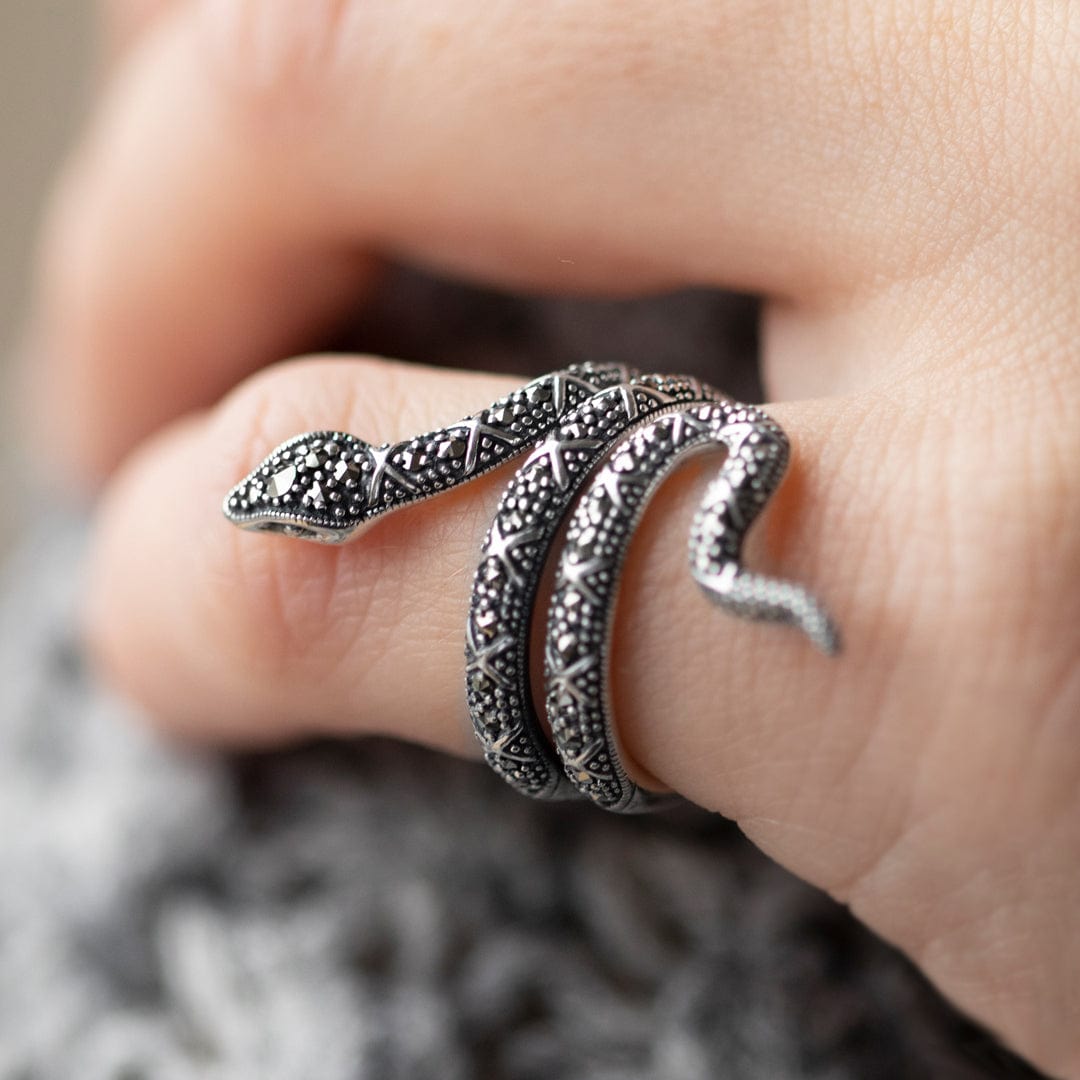 214R580201925 Art Nouveau Style Round Marcasite Snake Statement Ring in 925 Sterling Silver 3