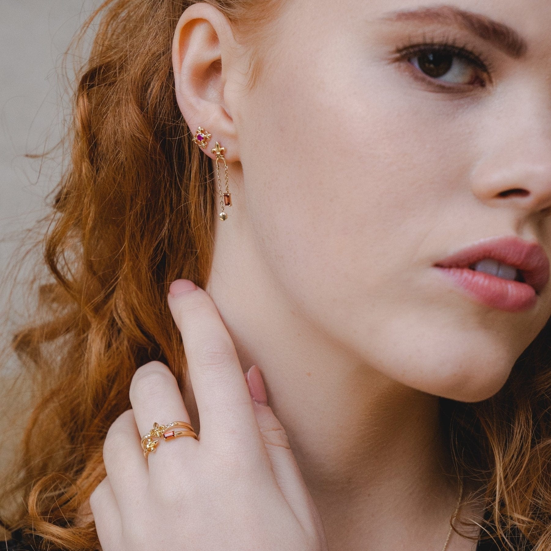 ECFEW™ 'The Liberator' Garnet Fleur De Lis Chain Drop Earrings- on model