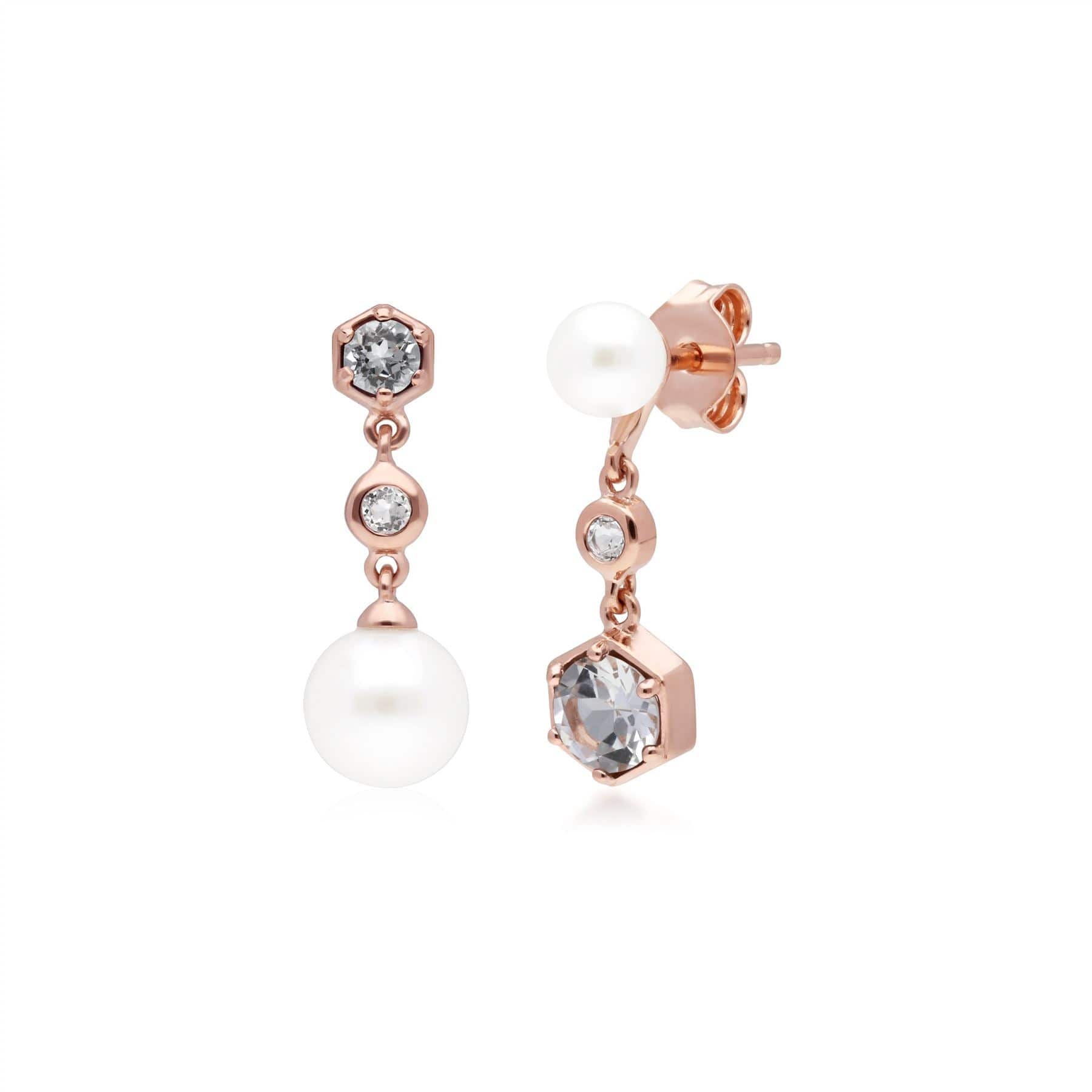 270E030309925 Modern Pearl, White Topaz Mismatched Drop Earrings in Rose Gold Plated Silver 1