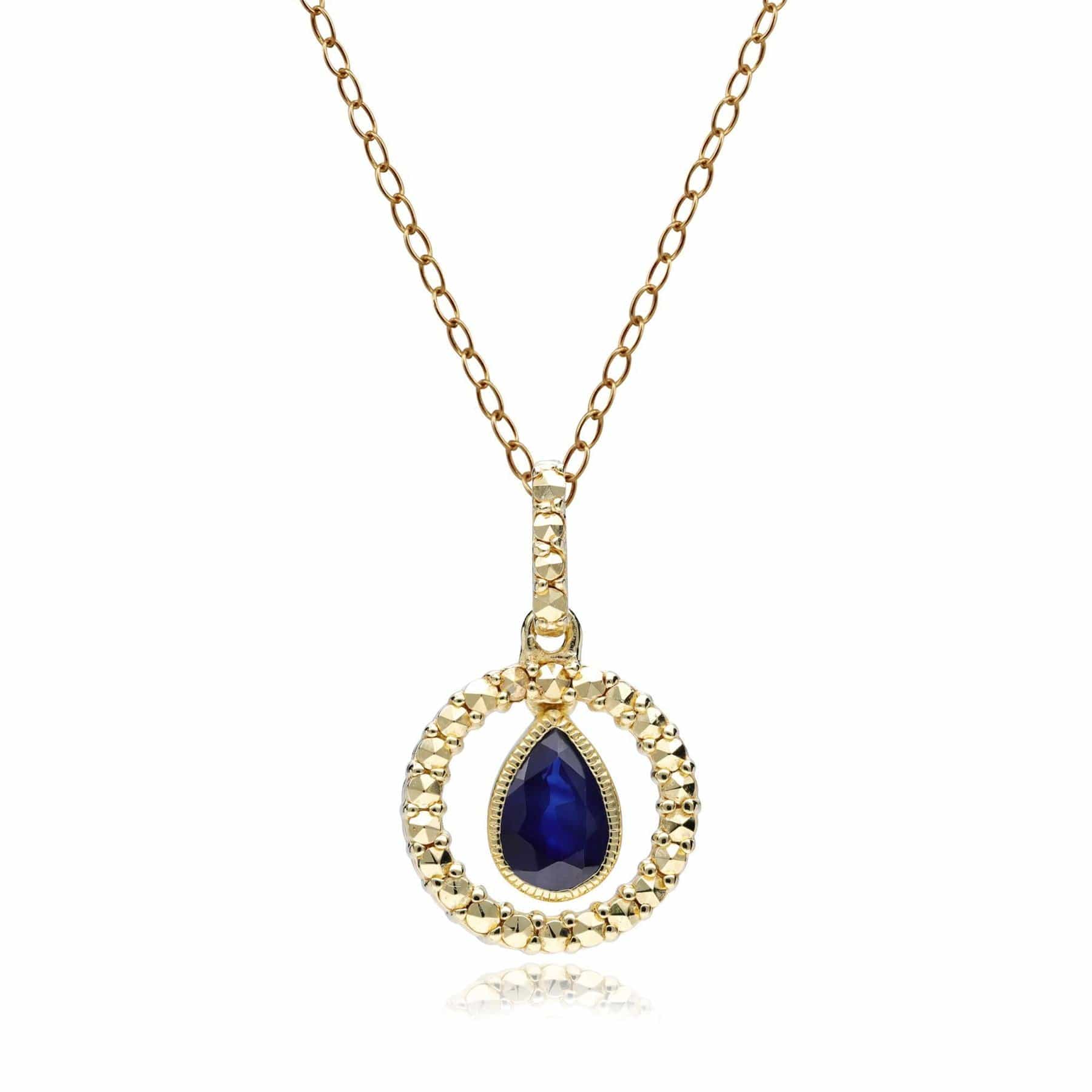 234P019101925 Sapphire & Marcasite Halo Pendant in 18ct Gold Plated Silver 1