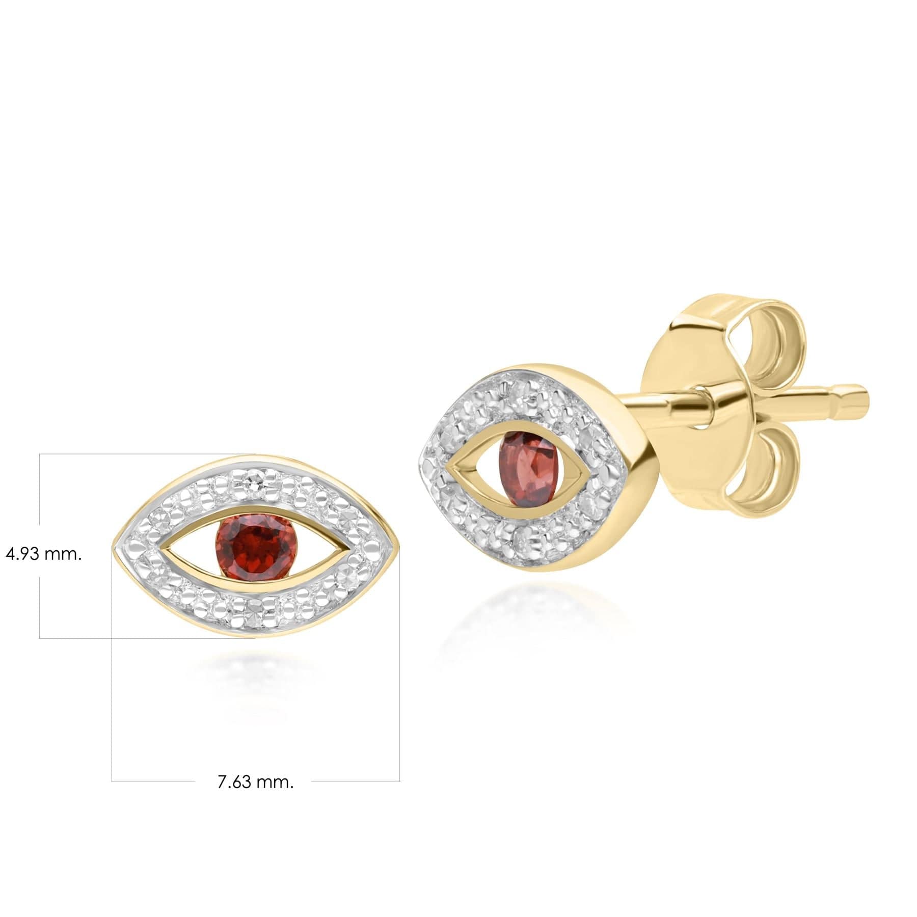 135E1824059 ECFEW™ Dainty Evil Eye Garnet & Diamond Stud Earrings in 9ct Yellow Gold Dimensions