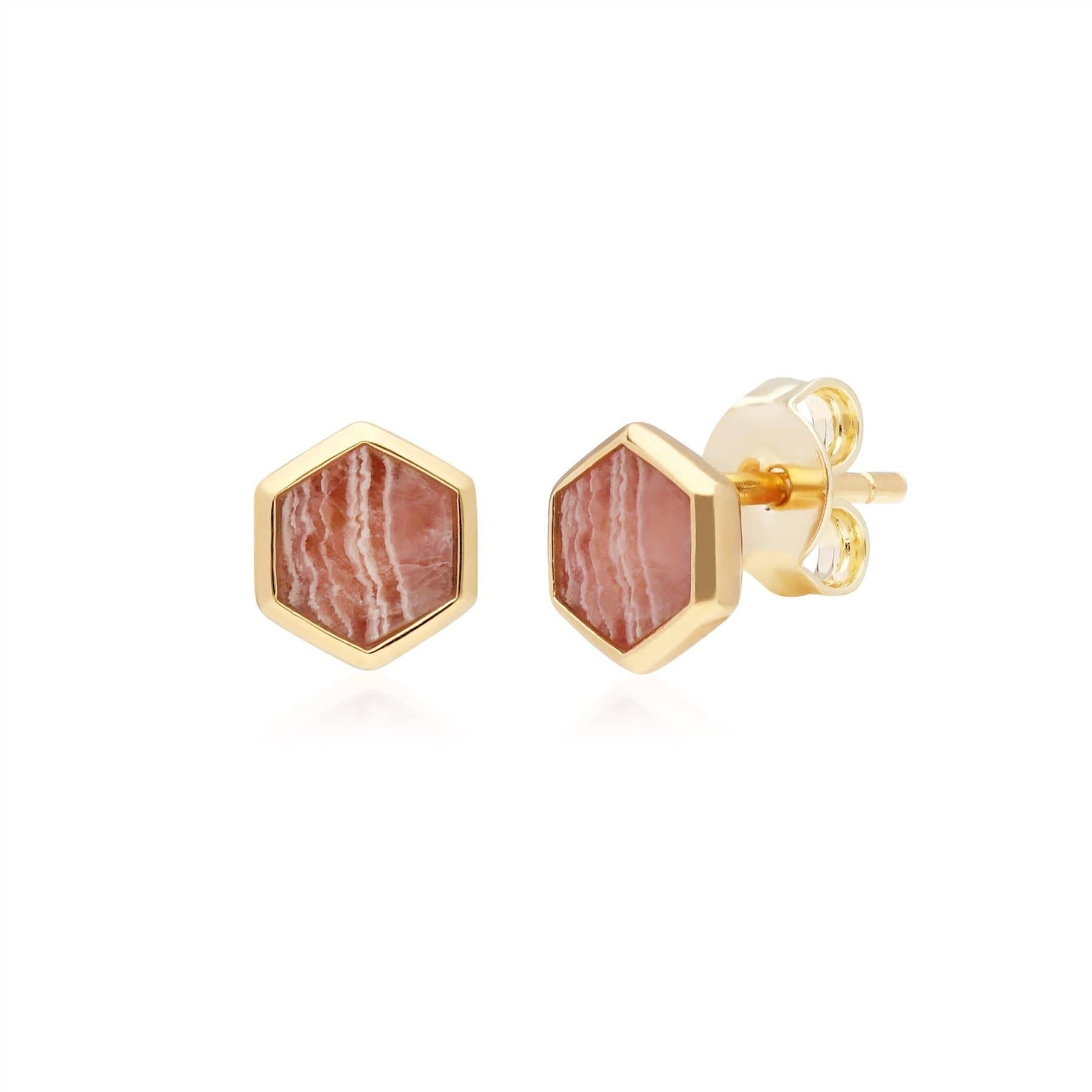 270E027601925 Micro Statement Rhodochrosite Hexagon Stud Earrings in Gold Plated Silver 1