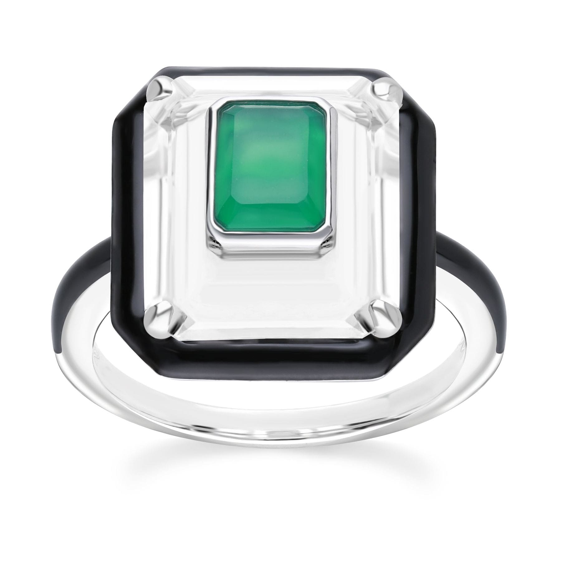 270R062701925 Grand Deco Rock Crystal, Chalcedony & Enamel Statement Ring In Sterling Silver 4