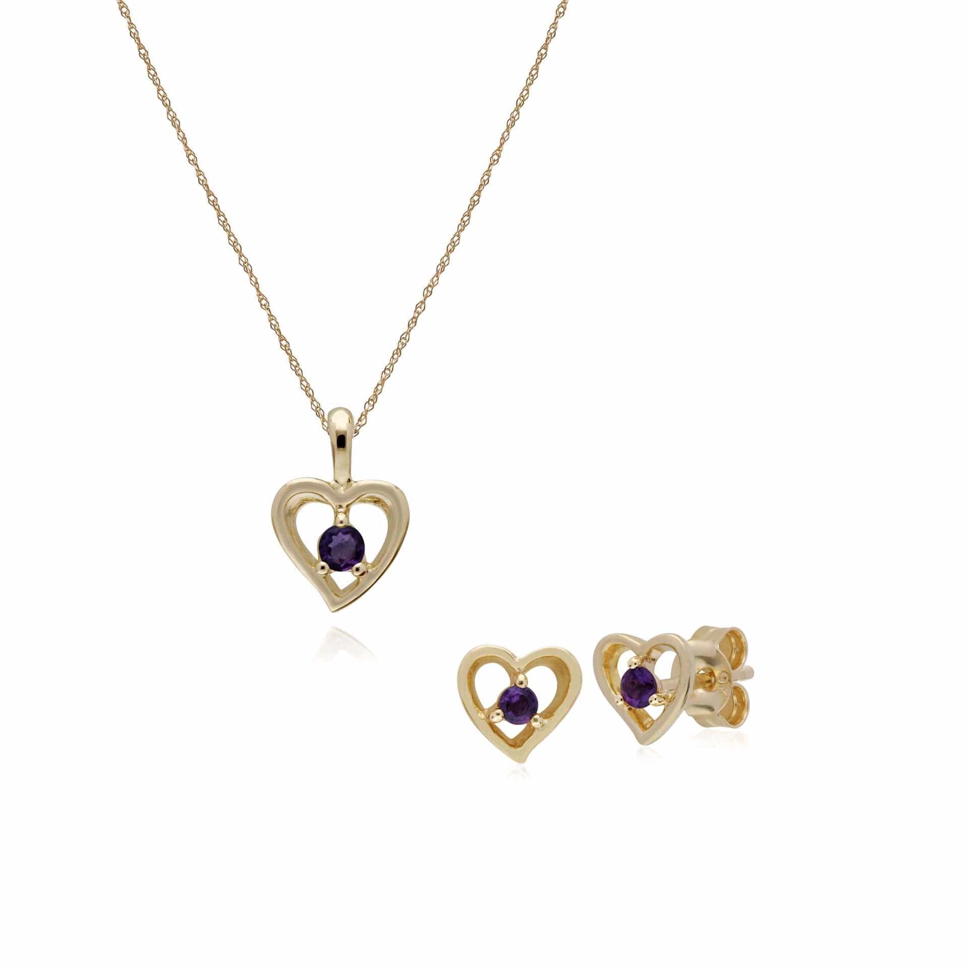 135E1521059-135P1875049 Classic Round Amethyst Single Stone Heart Stud Earrings & Necklace Set in 9ct Yellow Gold 1