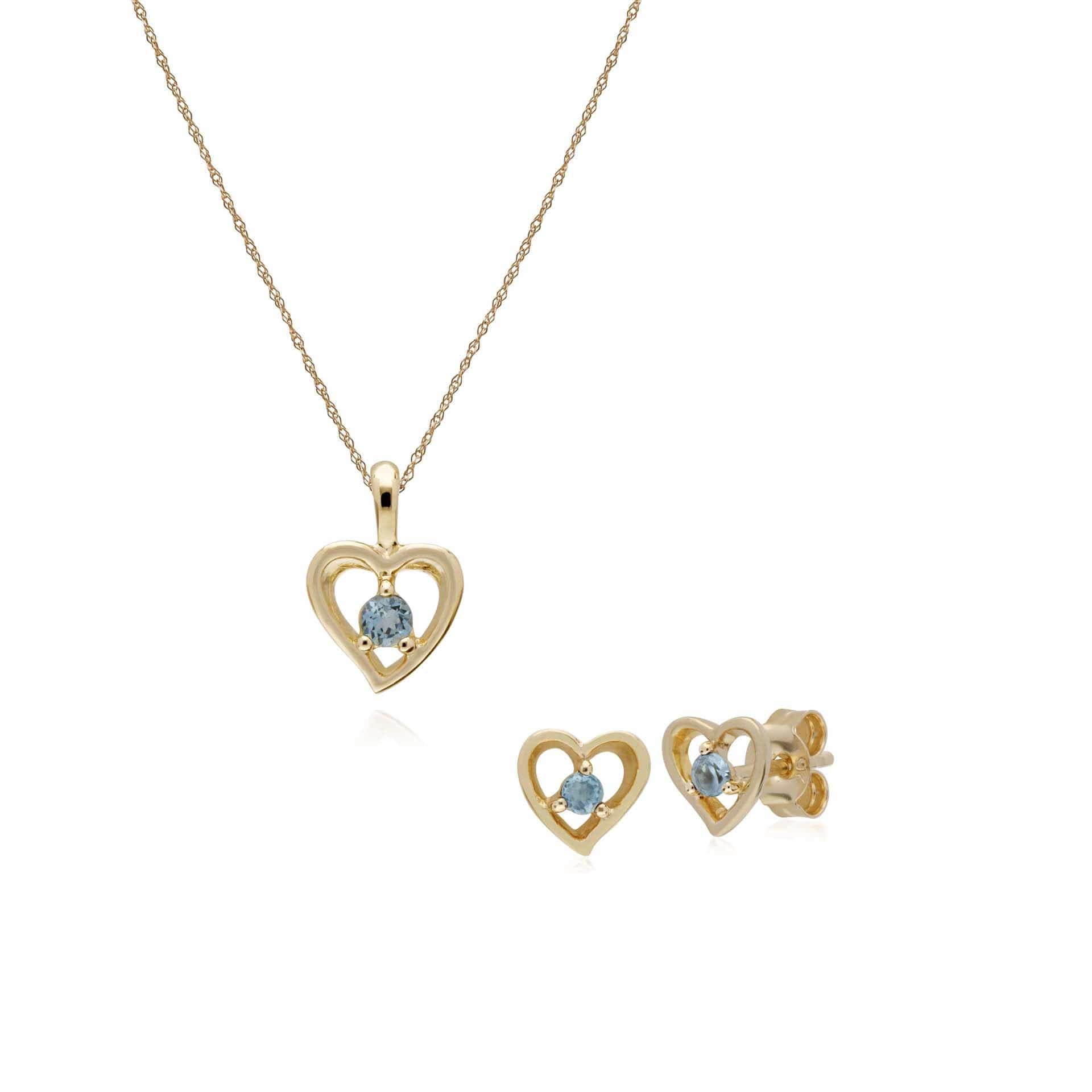 135E1521099-135P1875089 Classic Round Aquamarine Single Stone Heart Stud Earrings & Necklace Set in 9ct Yellow Gold 1