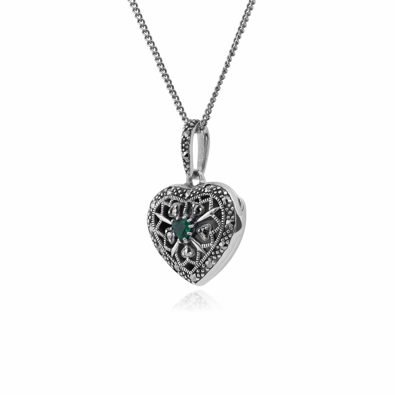 214N461910925 Art Nouveau Style Round Emerald & Marcasite Heart Necklace in 925 Sterling Silver 2