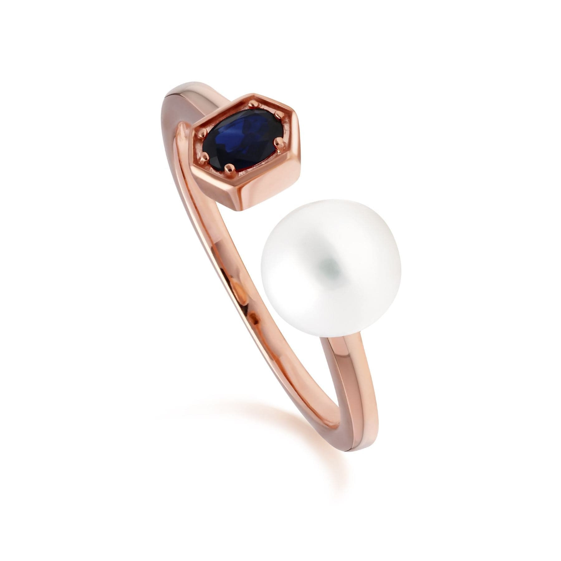 270R058901925 Modern Pearl & Sapphire Open Ring in Rose Gold Plated Silver 1