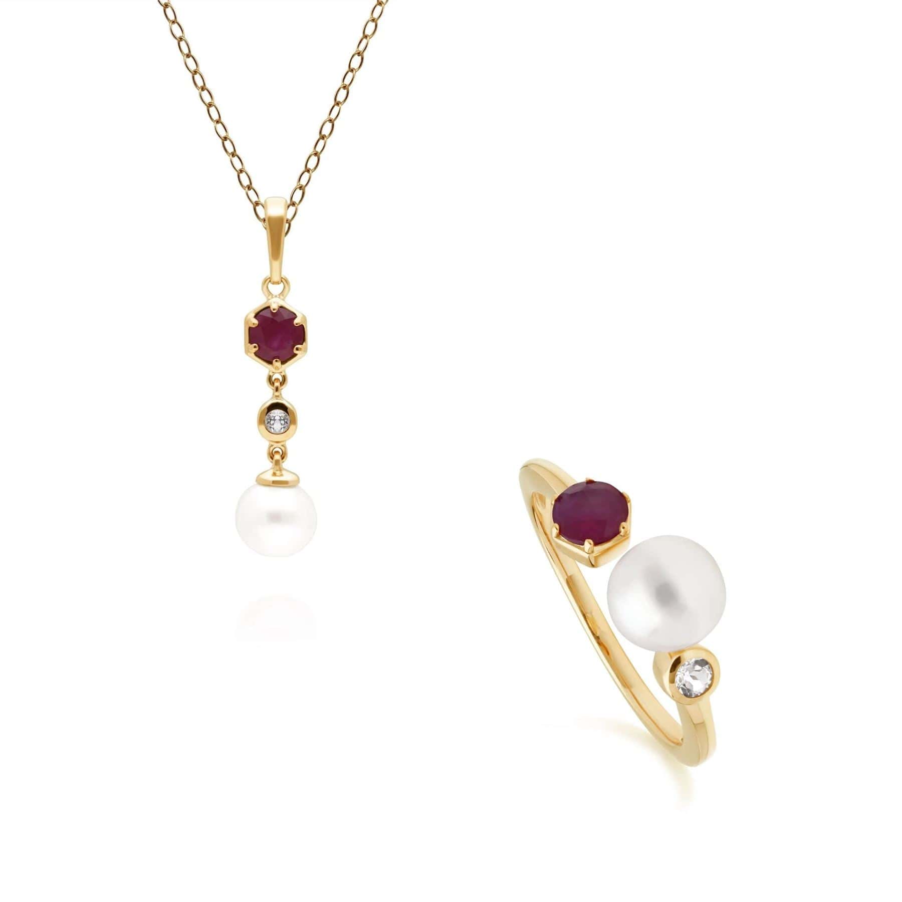 270P030102925-270R058602925 Modern Pearl, Topaz & Ruby Pendants & Ring Set in Gold Plated Silver 1