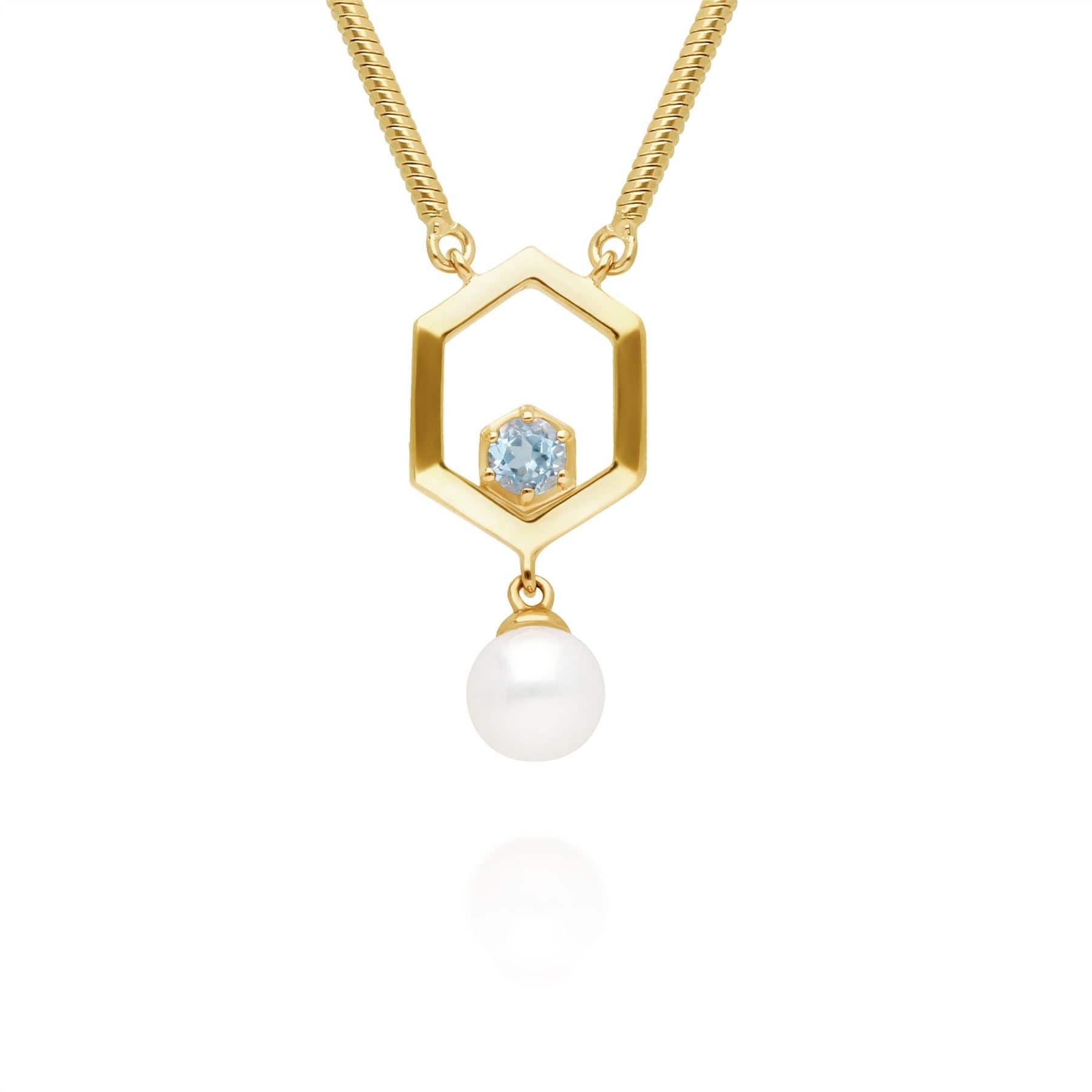 Modern Pearl & Aquamarine Hexagon Drop Necklace in Gold Plated Silver - Gemondo