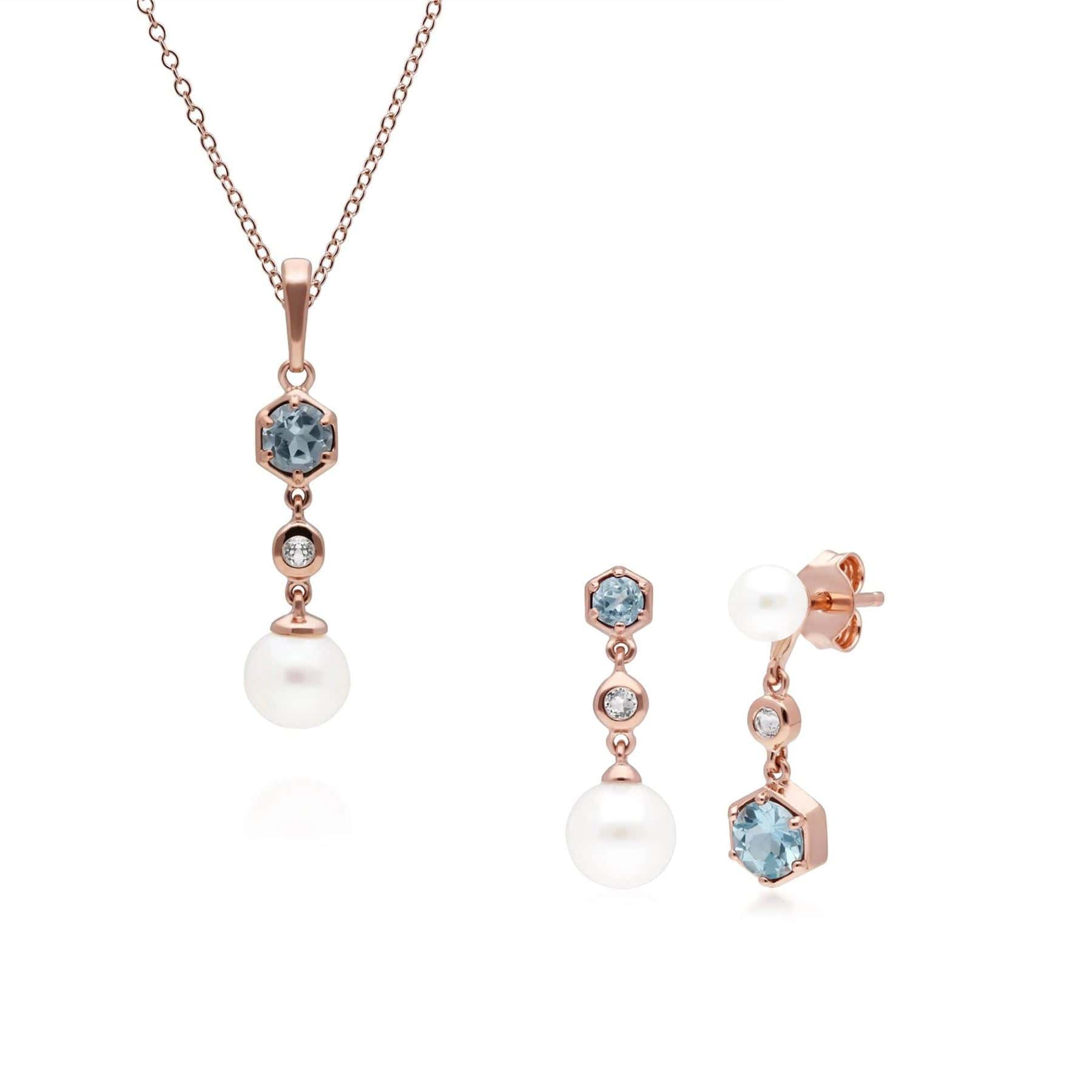 270P030310925-270E030310925 Modern Pearl & Topaz Earrings & Necklace Set in Rose Gold Plated Silver 1