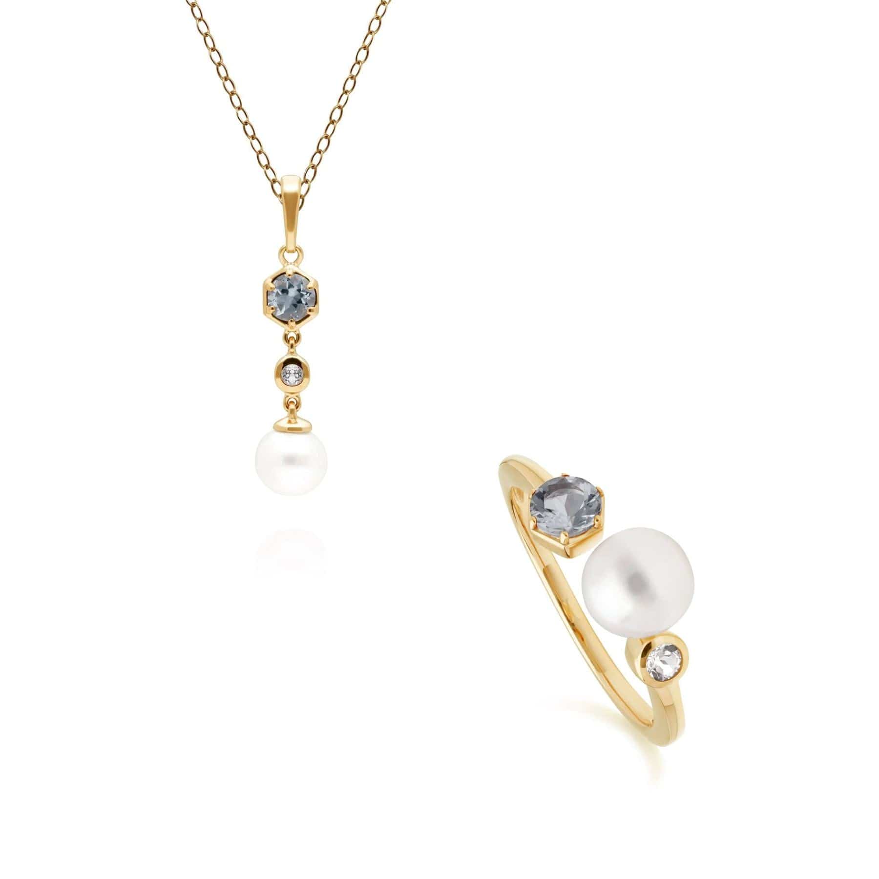 Modern Pearl, Topaz & Aquamarine Ring & Pendant Set in Gold Plated Silver - Gemondo