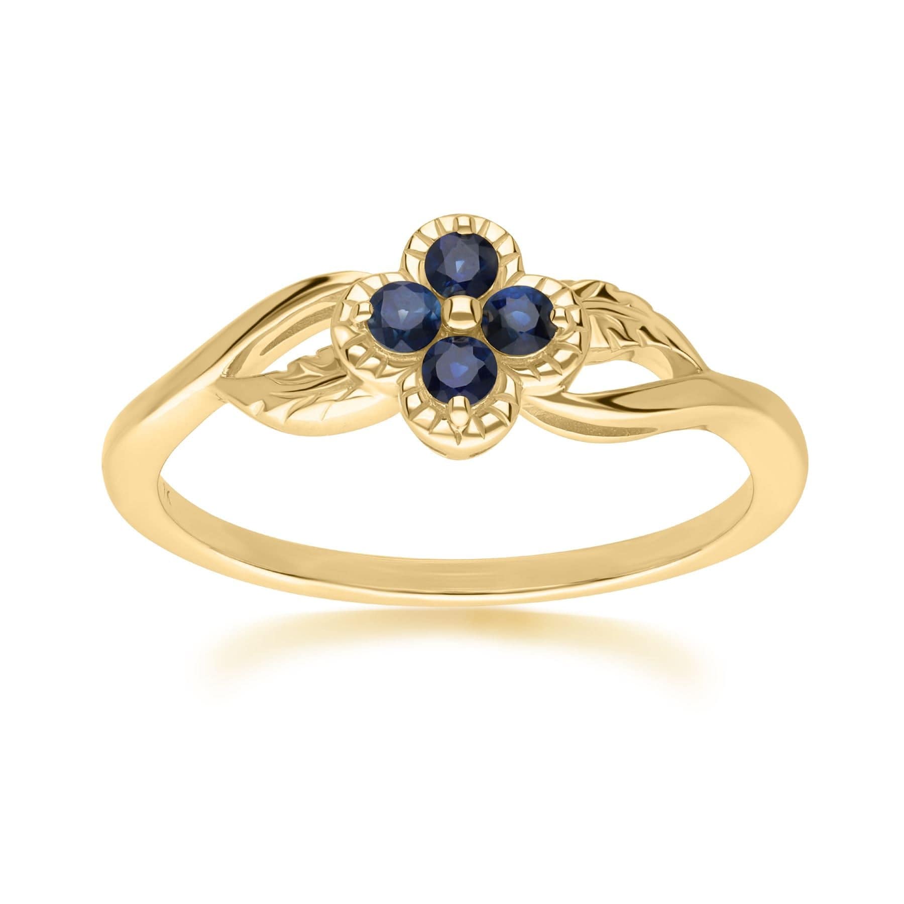 Floral Round Sapphire Ring in 9ct Yellow Gold - Gemondo
