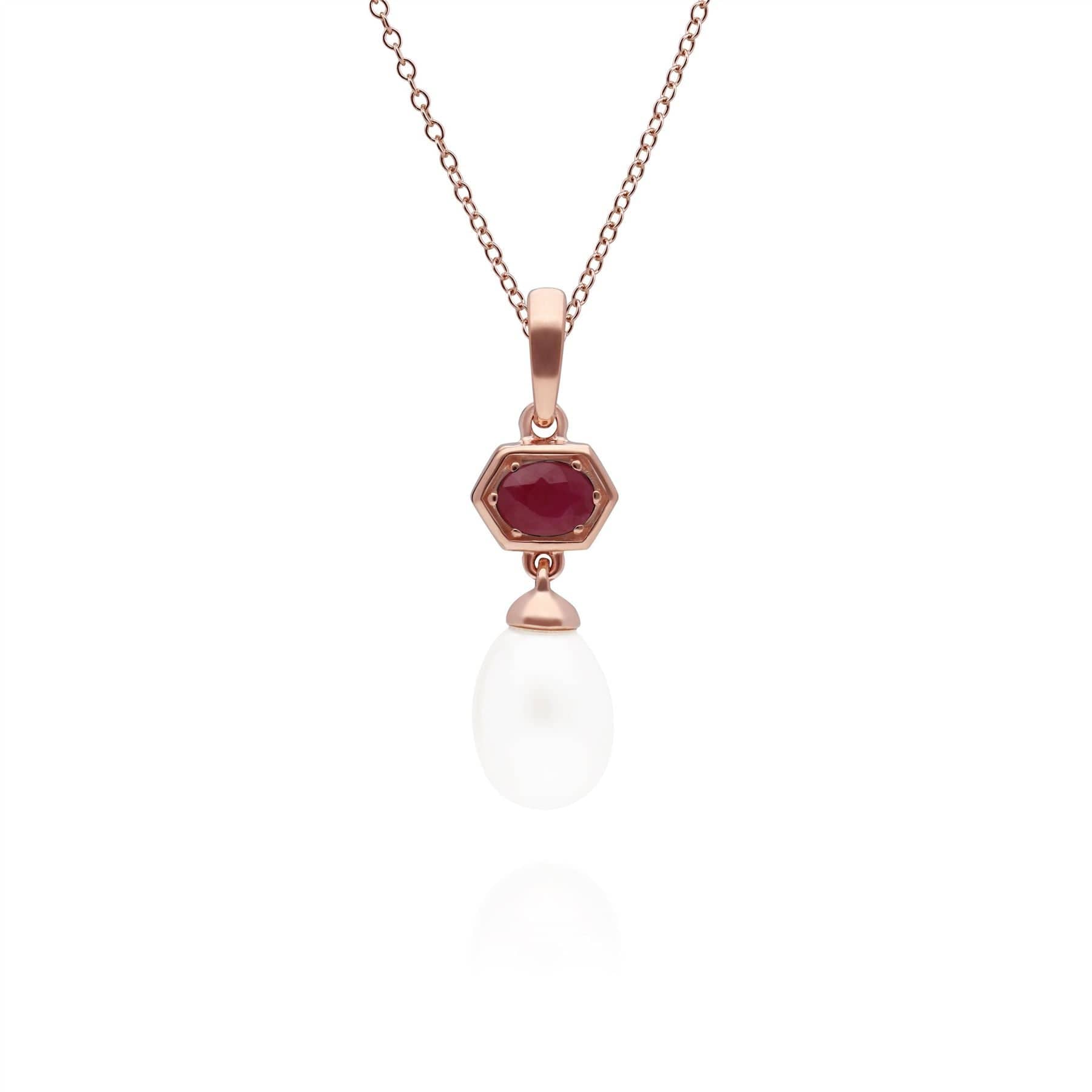 270P030402925 Modern Pearl & Ruby Hexagon Drop Pendant in Rose Gold Plated Silver 1