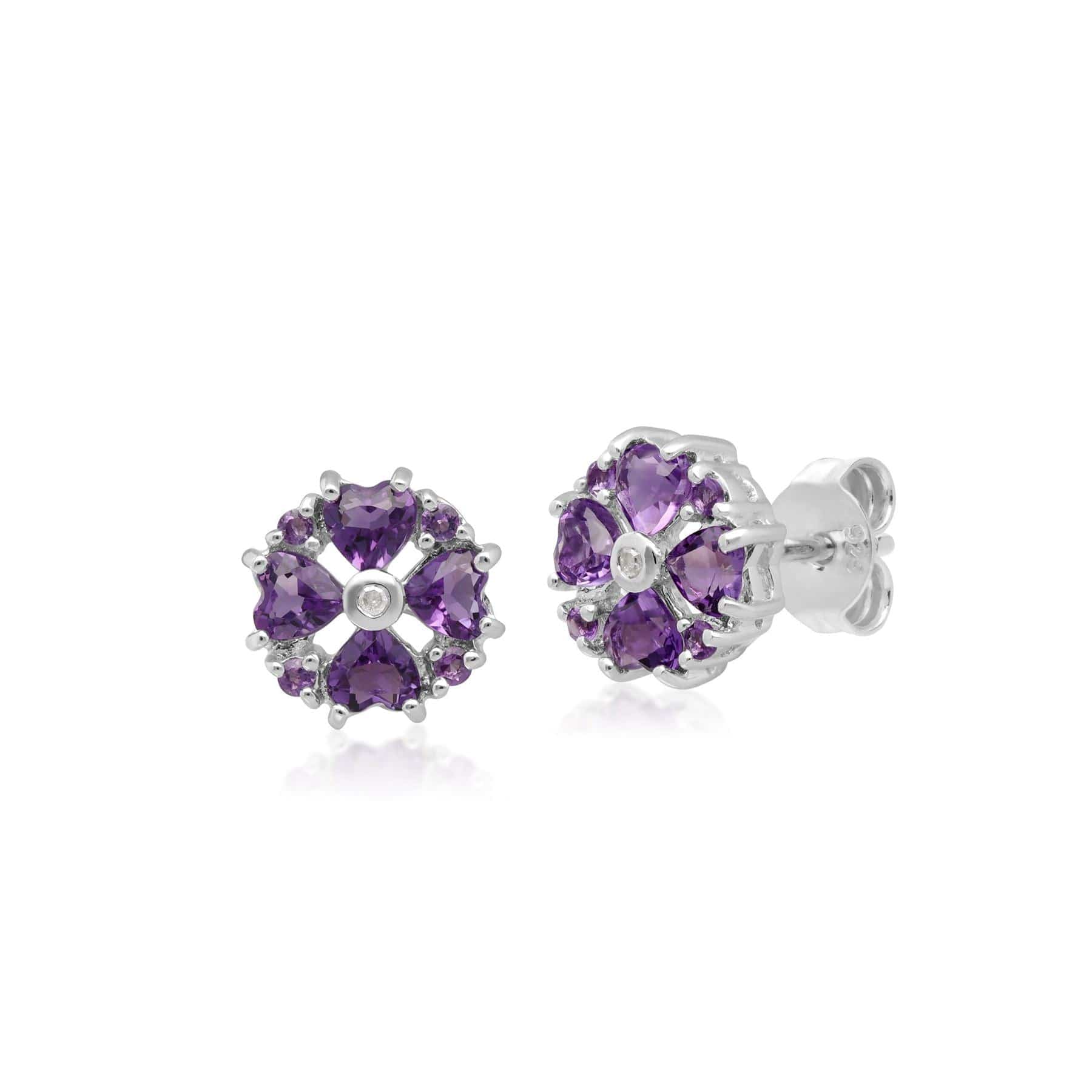 Classic Heart Amethyst & Diamond Stud Earrings in 9ct White Gold - Gemondo