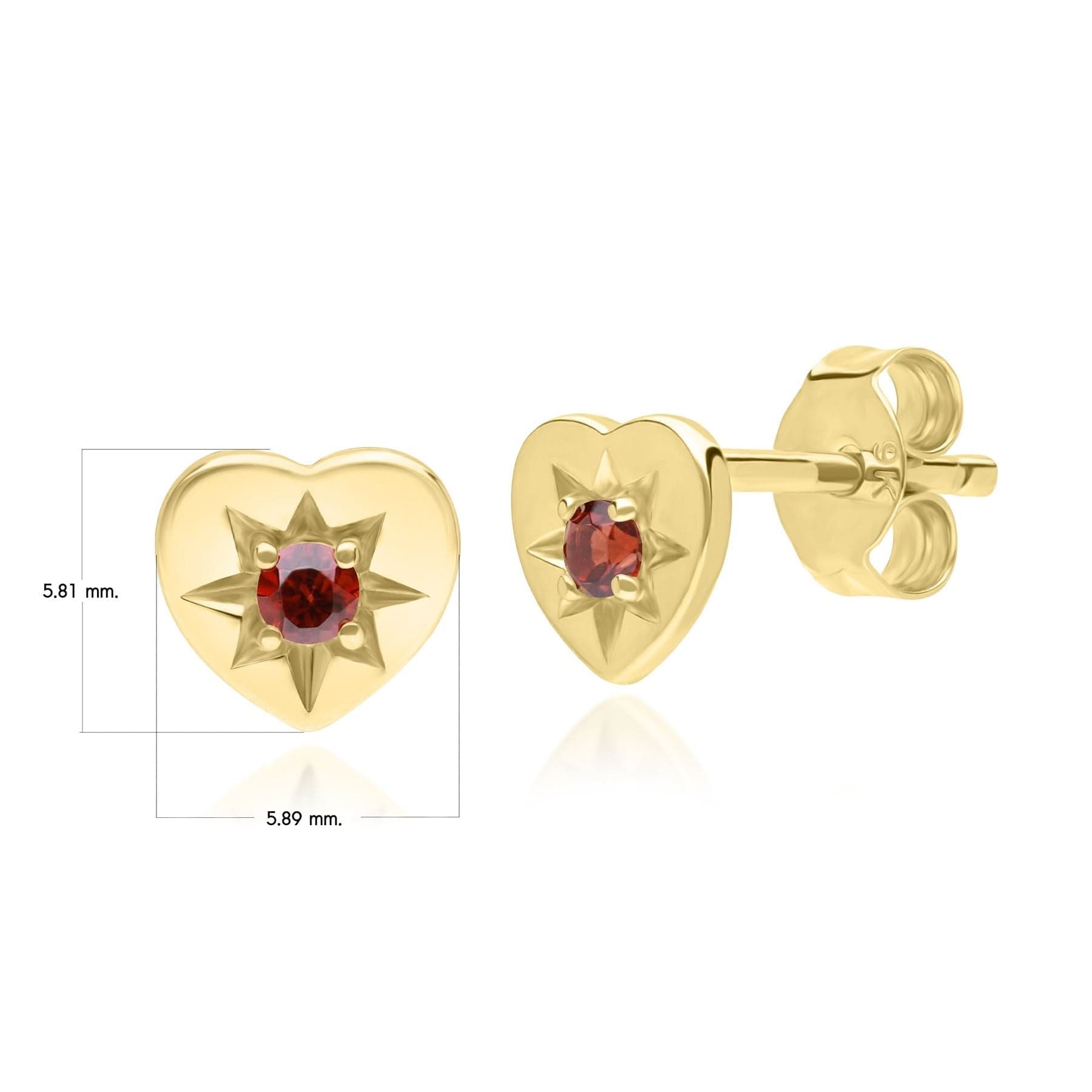 ECFEW™ 'The Liberator' Garnet Heart Stud Earrings in 9ct Yellow Gold - Gemondo