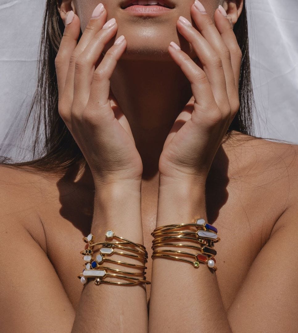 Geometric Blue Lace Agate Open Bangle in Gold Plated Silver - Gemondo