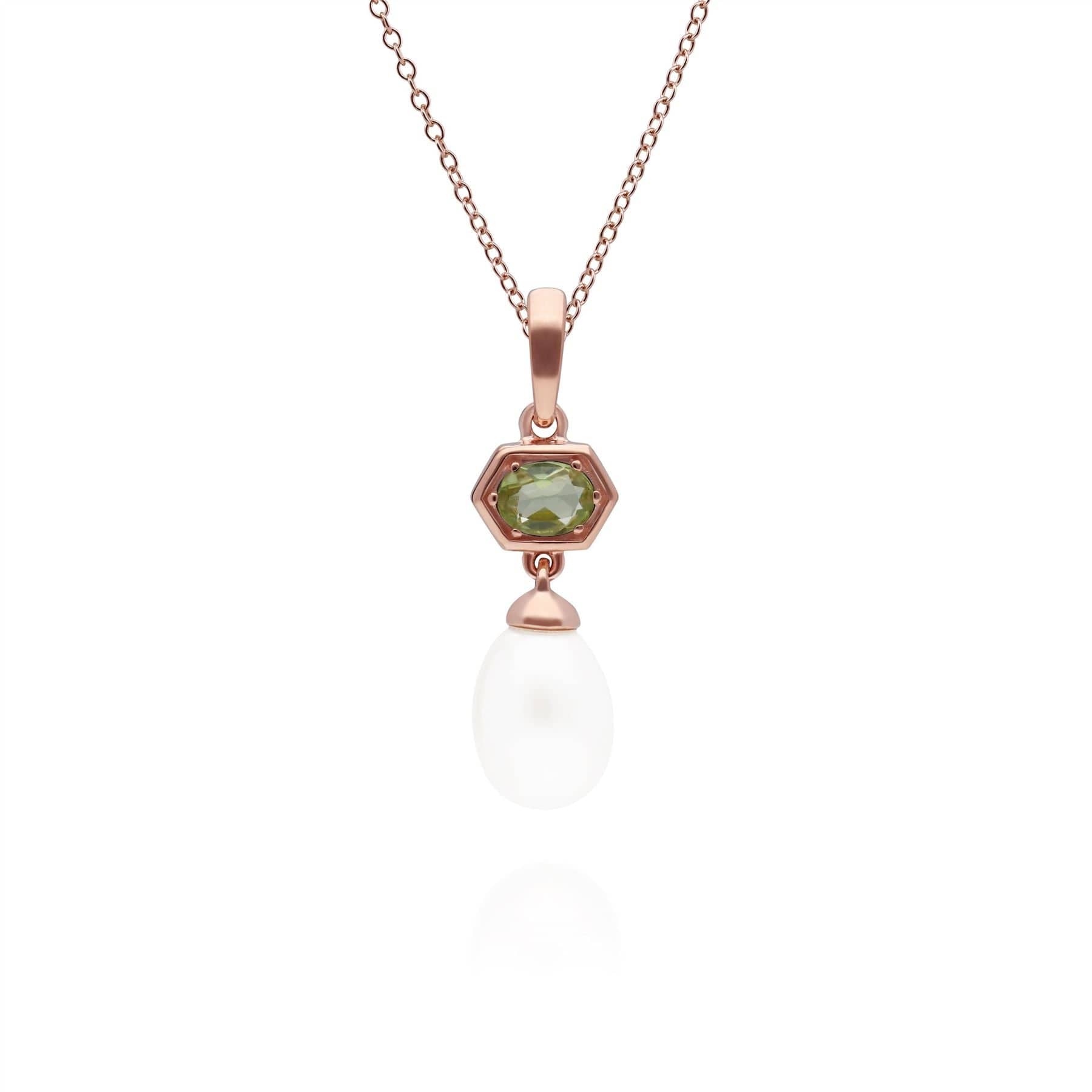 270P030406925 Modern Pearl & Peridot Hexagon Drop Pendant in Rose Gold Plated Silver 1