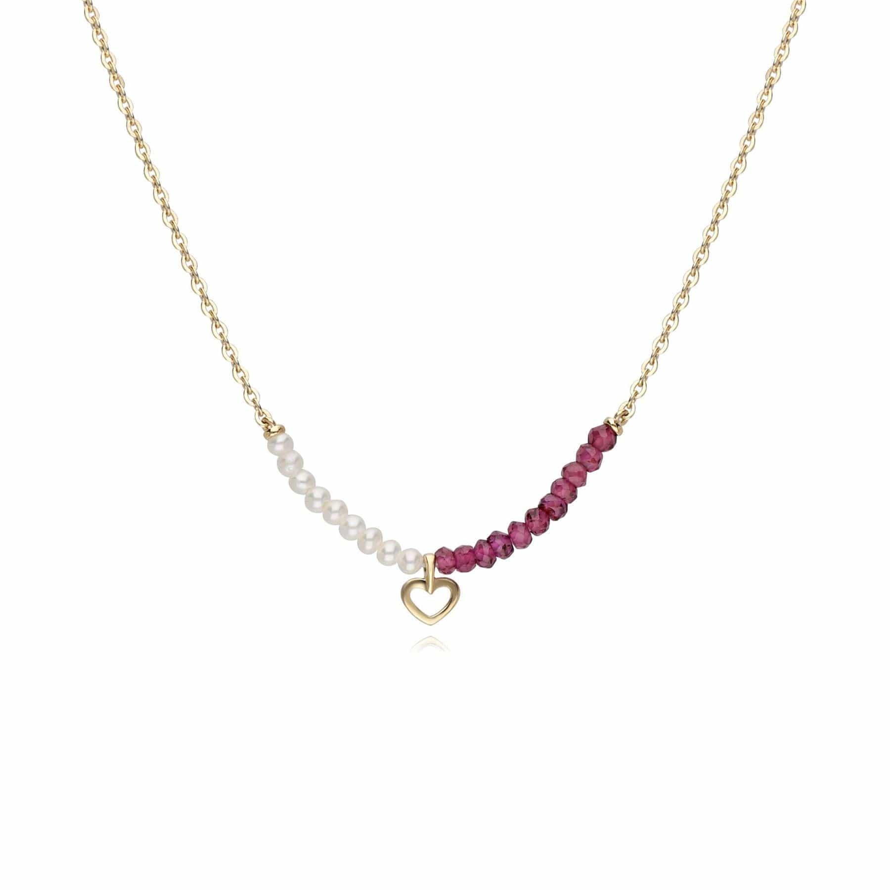 Cultured Freshwater Pearl & Rhodolite Heart Necklace In 9ct Yellow Gold - Gemondo