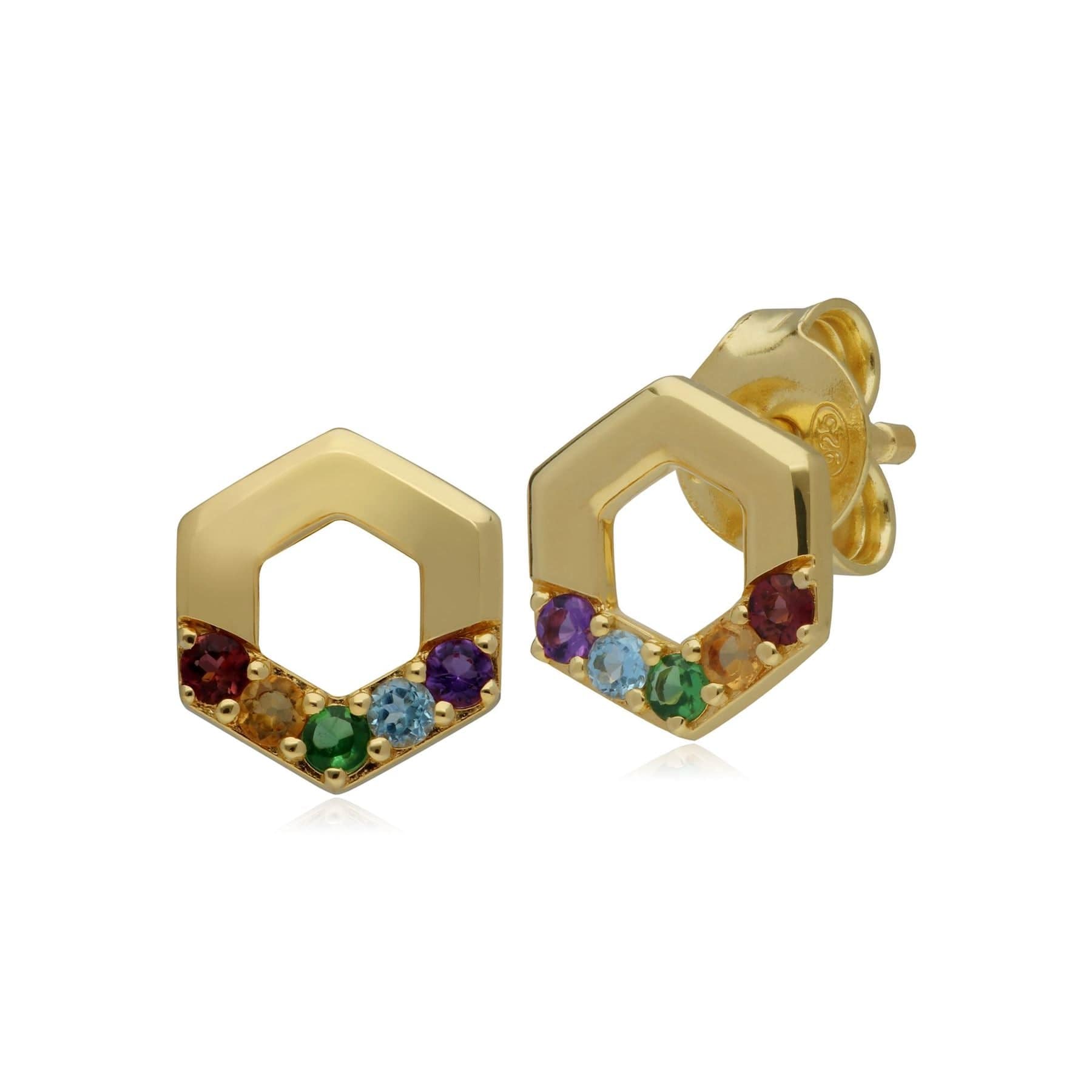 270E031601925 Rainbow Hexagon Stud Earrings in Gold Plated Sterling Silver 1