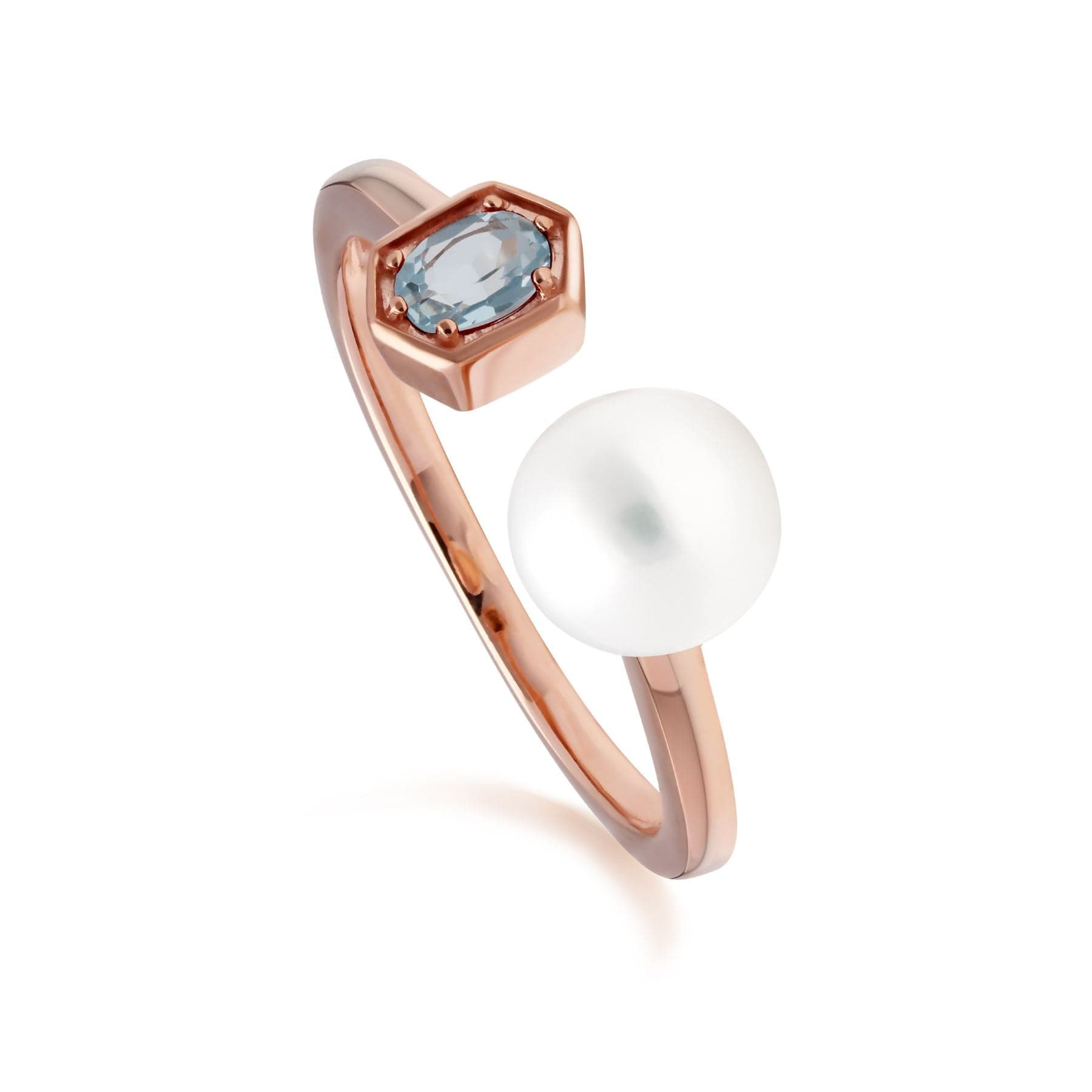 270R058906925 Modern Pearl & Blue Topaz Open Ring in Rose Gold Plated Silver 1