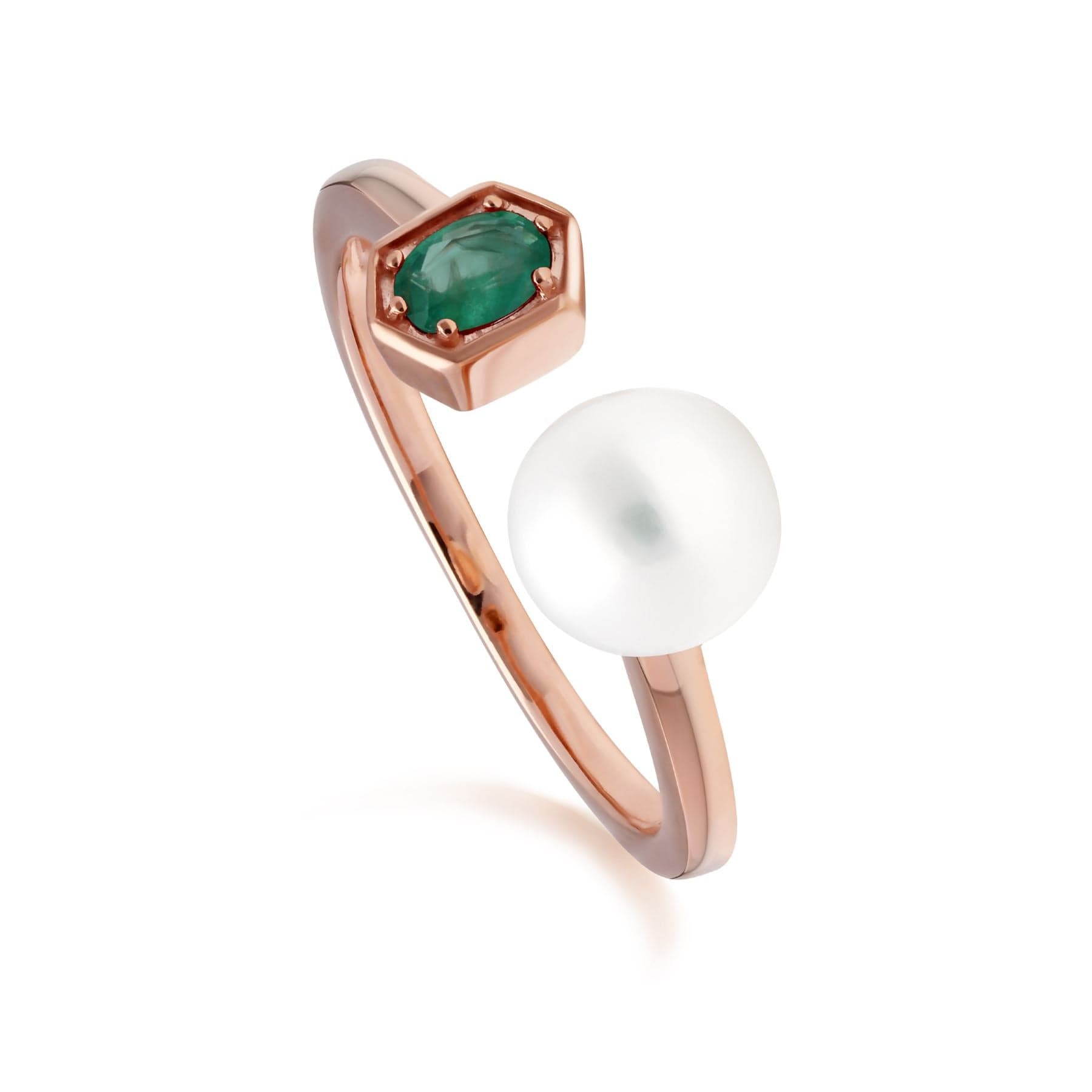 270R058903925 Modern Pearl & Emerald Open Ring in Rose Gold Plated Silver 1