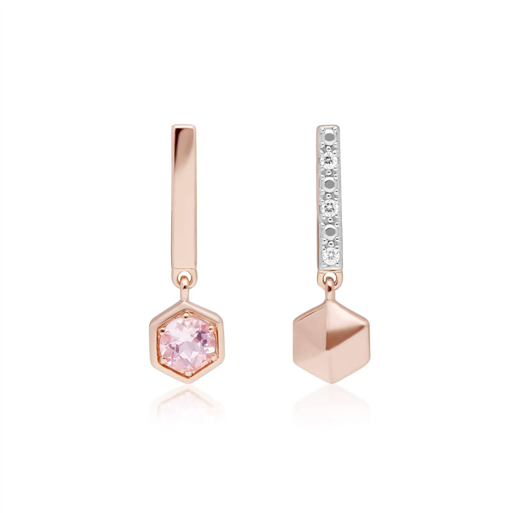 135E1637019 Micro Statement Mismatched Morganite & Diamond Drop Earrings in 9ct Rose Gold 1