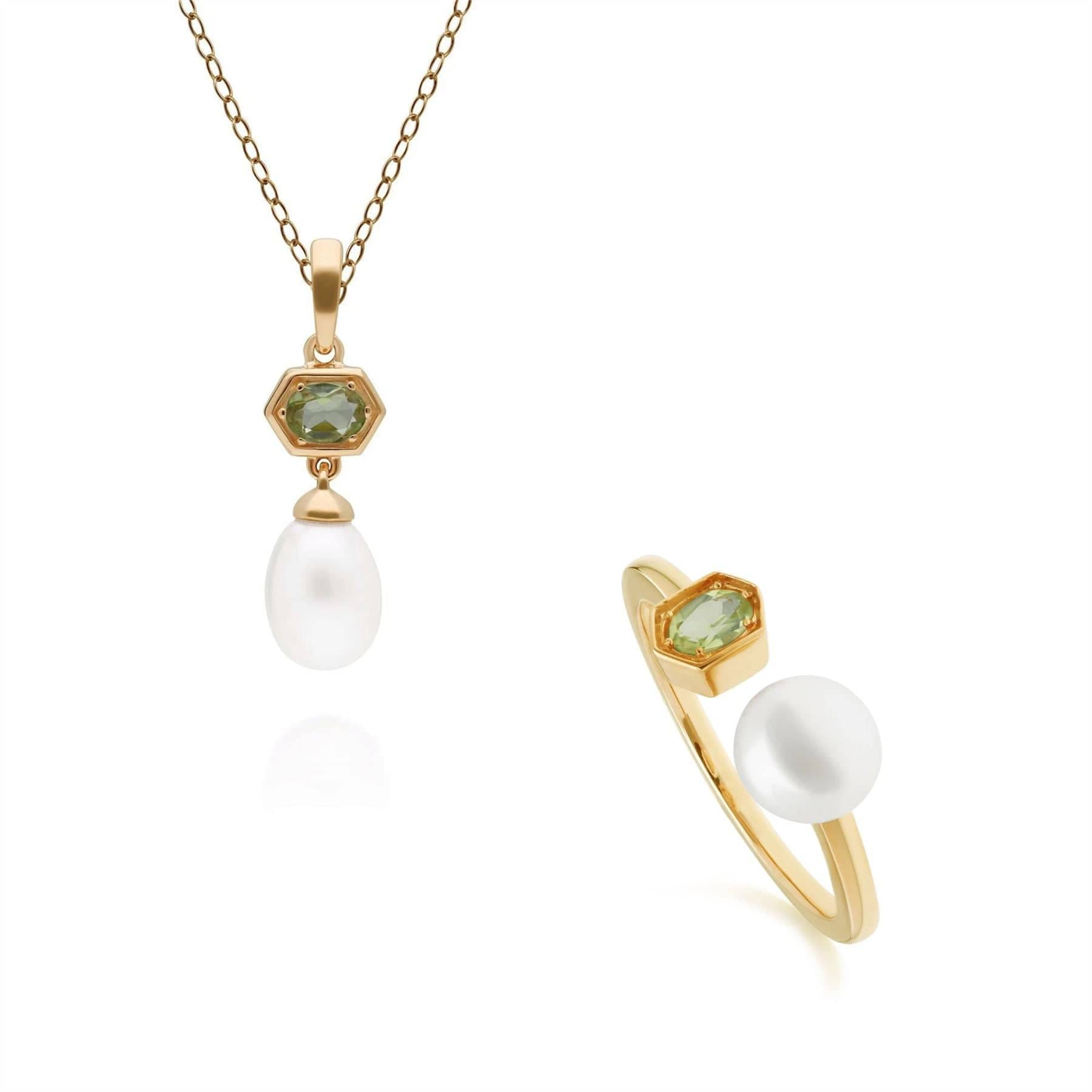 270P030206925-270R058707925 Modern Pearl & Peridot Pendant & Ring Set in Gold Plated Silver 1