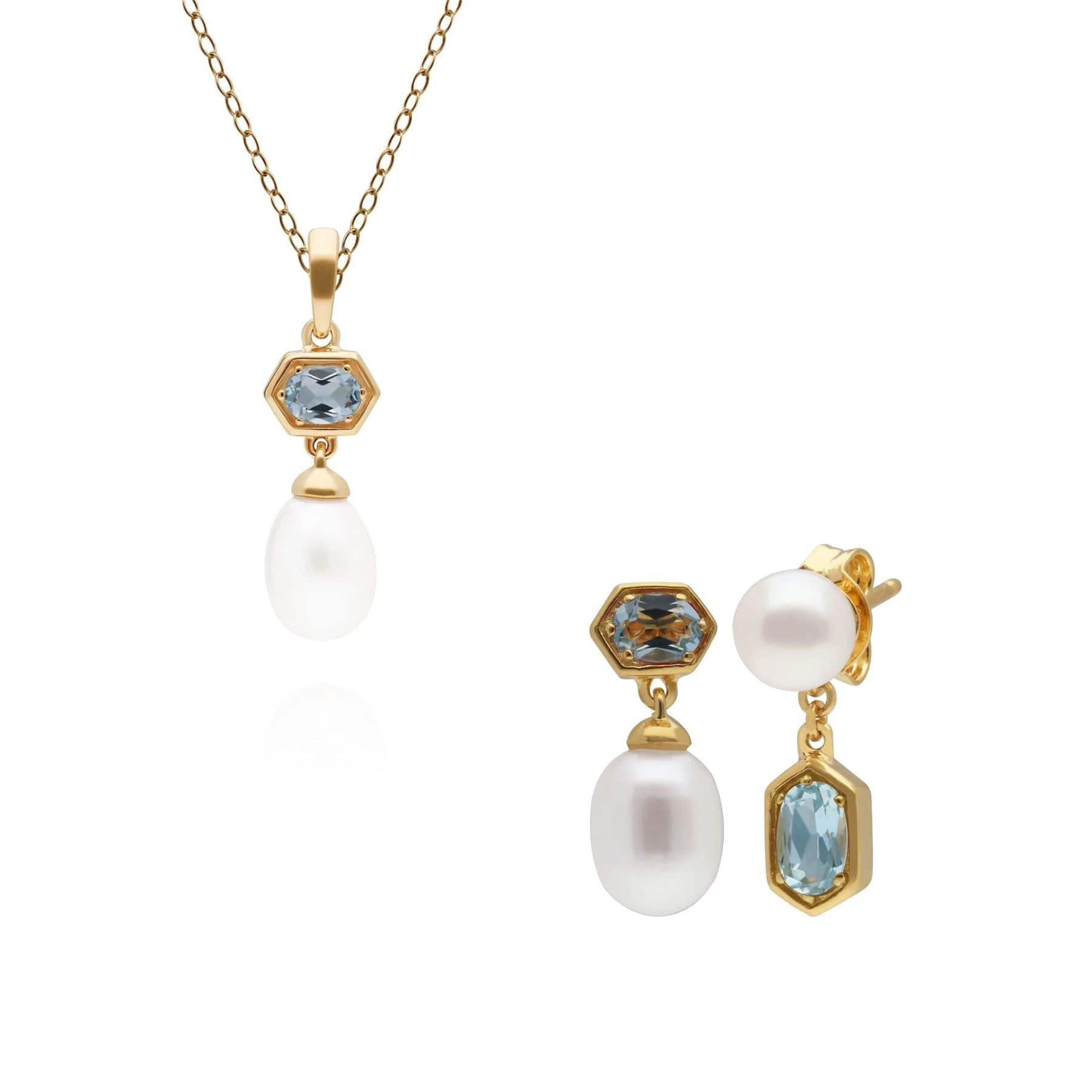 Modern Pearl & Blue Topaz Pendant & Earring Set in Gold Plated Silver - Gemondo