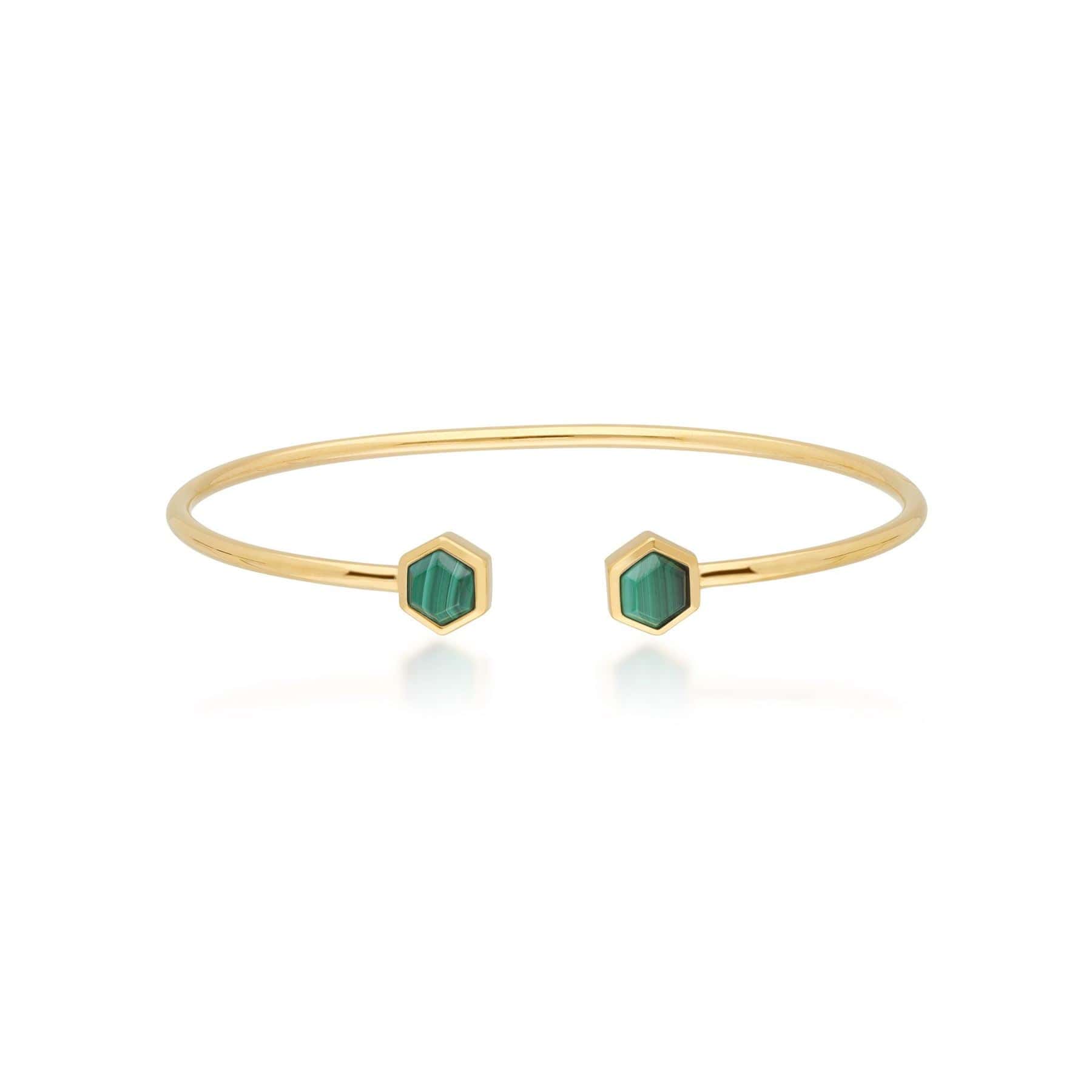 270B009704925 Geometric Hexagon Malachite Open Bangle in Gold Plated Silver 1