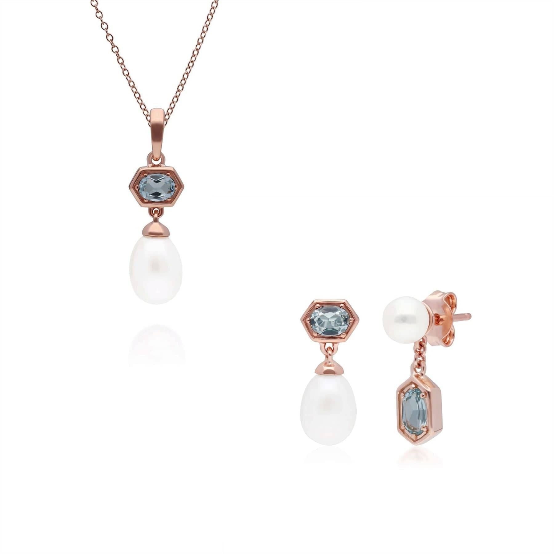 270P030405925-270E030405925 Modern Pearl & Blue Topaz Pendant & Earring Set in Rose Gold Plated Silver 1