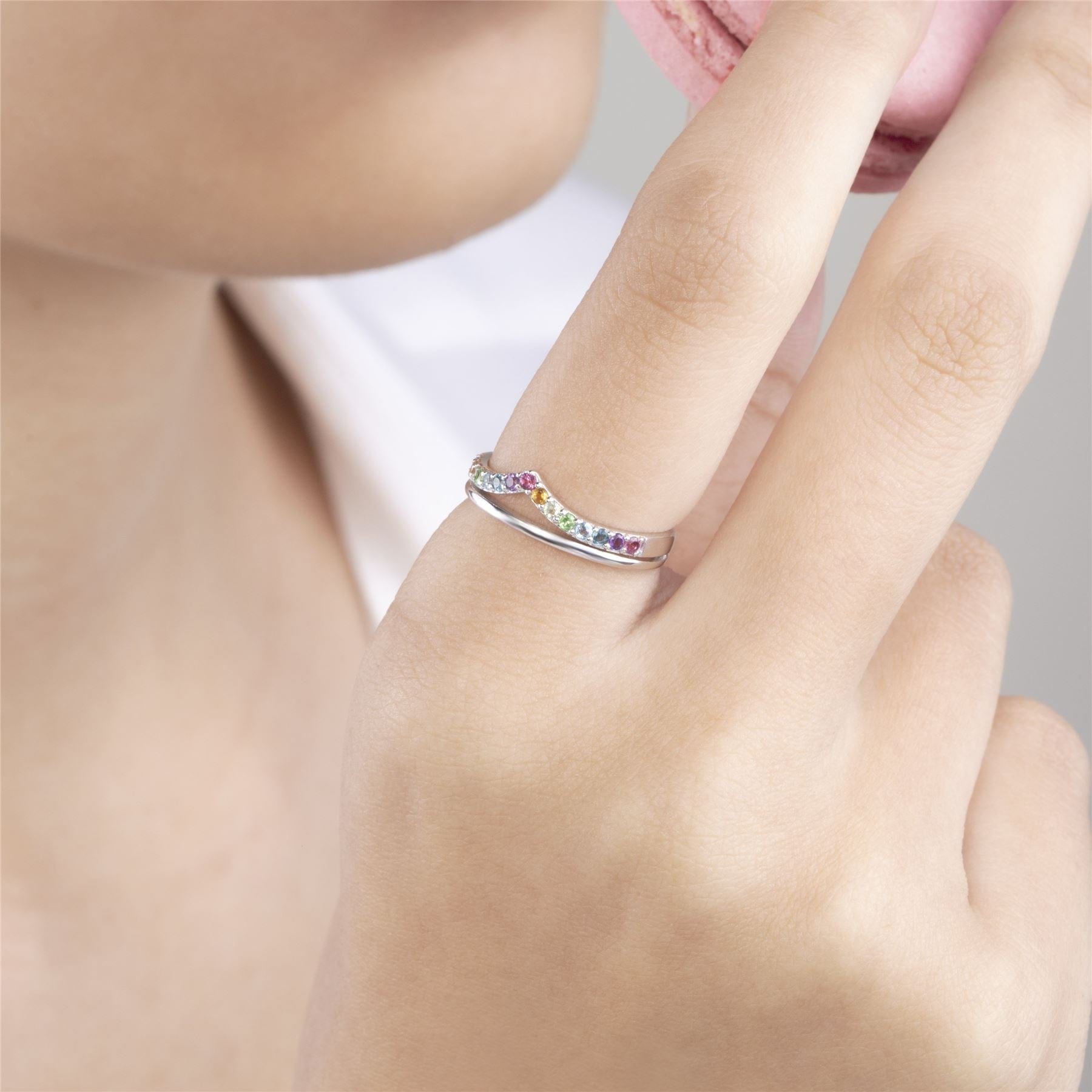 Rainbow Gemstone Wishbone Ring Style in 925 Sterling Silver on model