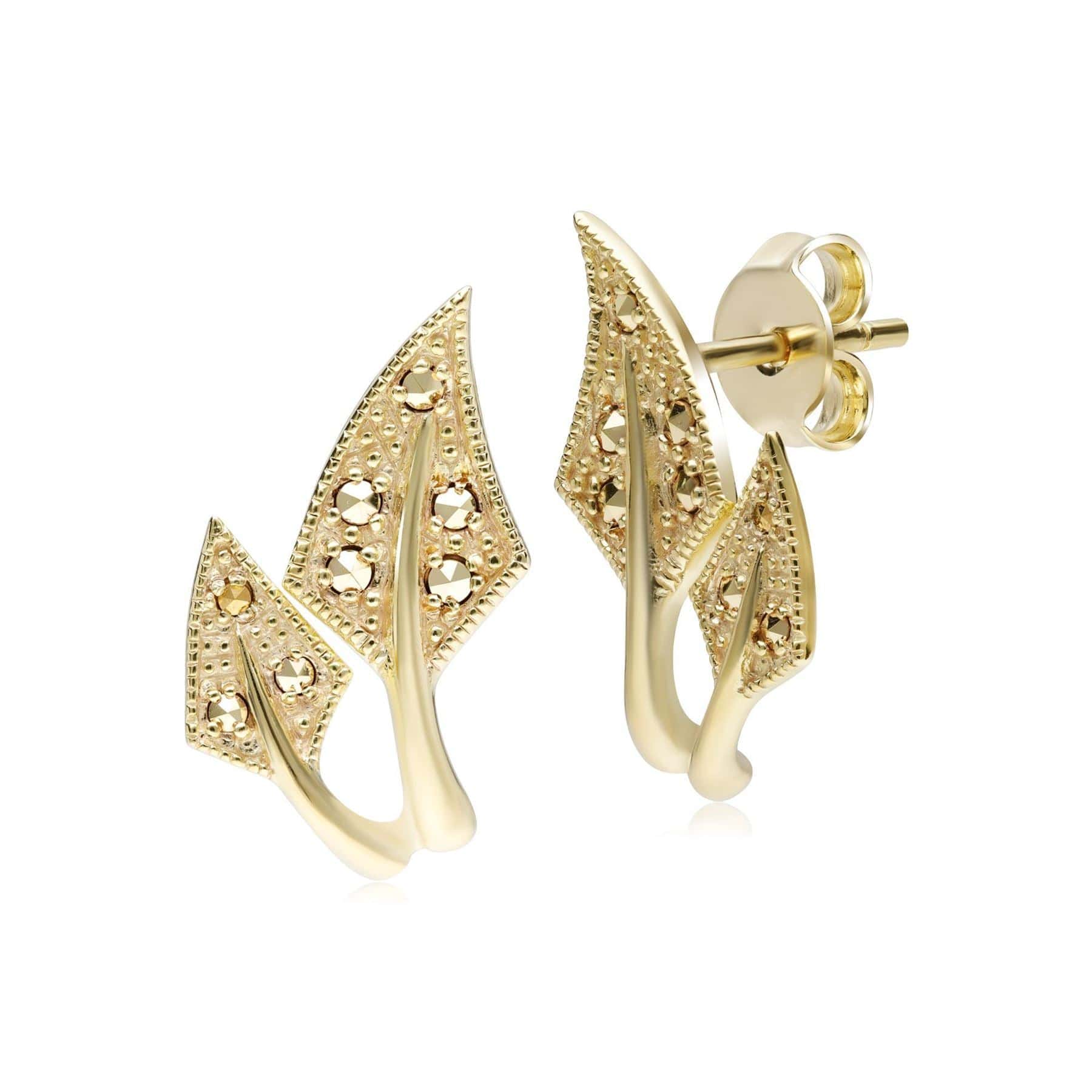 234E037701925 Art Nouveau Inspired Marcasite Leaf Earrings in 18ct Gold Plated Silver 1