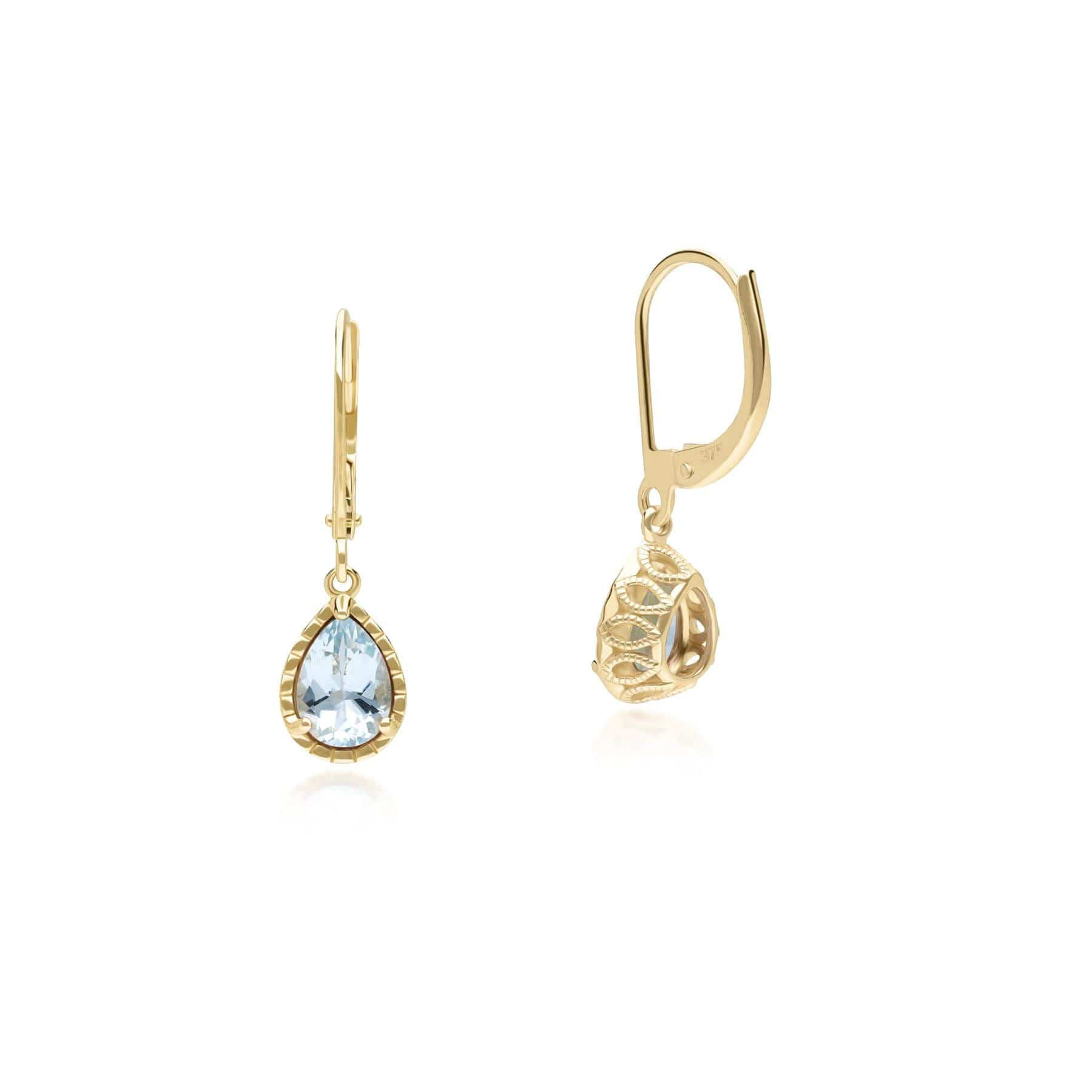 135E1811059 Classic Pear Aquamarine Dangle Earrings in 9ct Yellow Gold 2