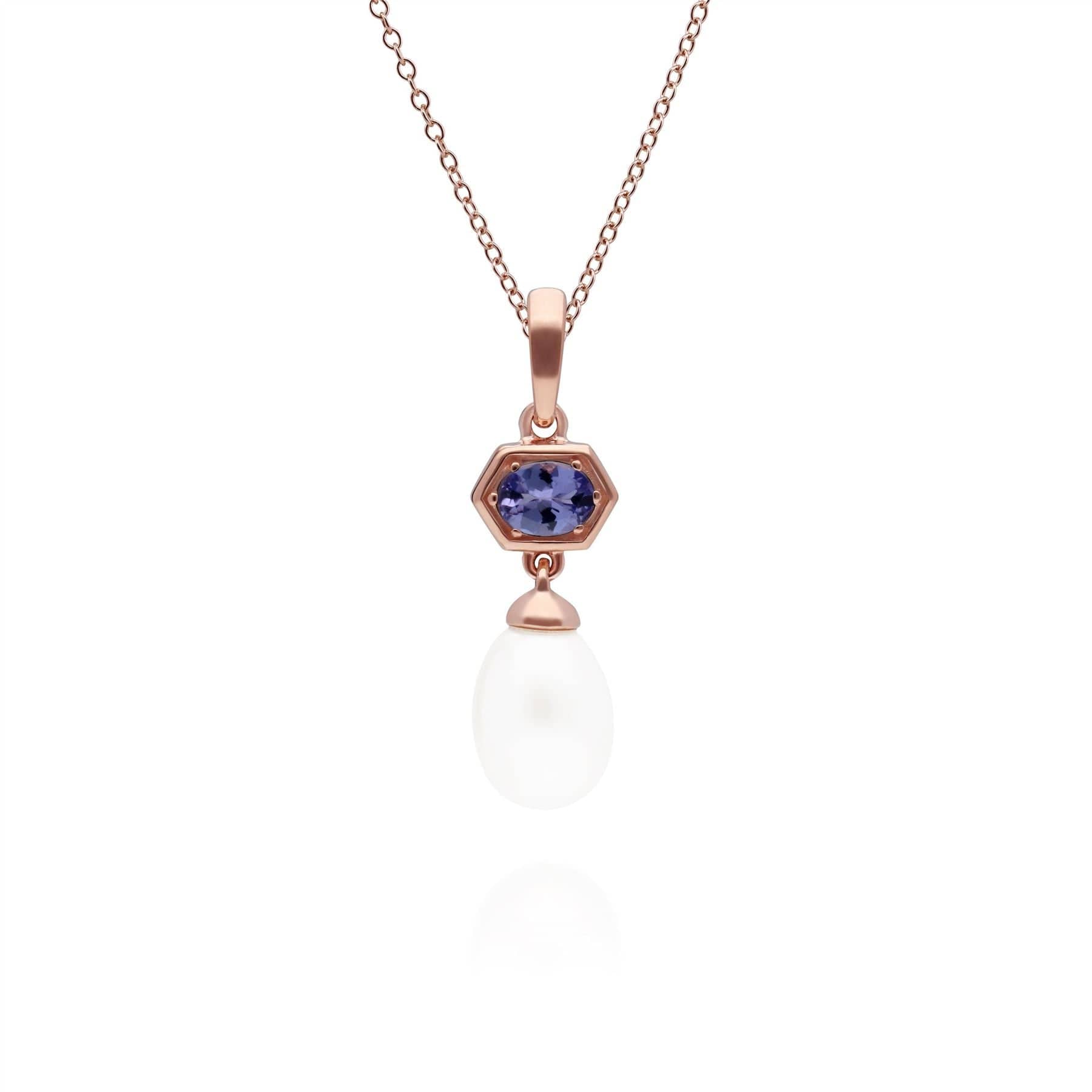 270P030408925 Modern Pearl & Tanzanite Hexagon Drop Pendant in Rose Gold Plated Silver 1