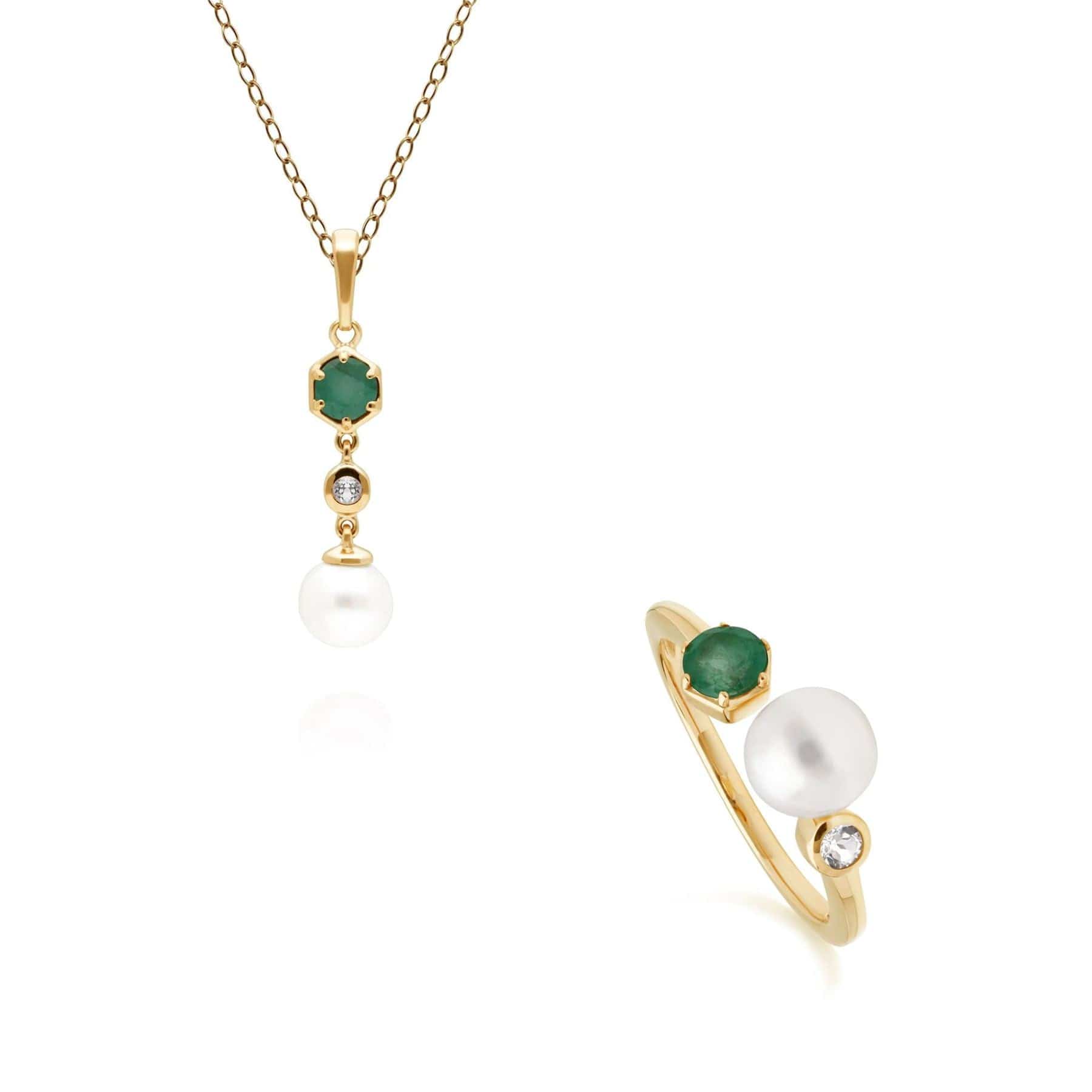 270P030103925-270R058603925 Modern Pearl, Topaz & Emerald Pendant & Ring Set in Gold Plated Silver 1