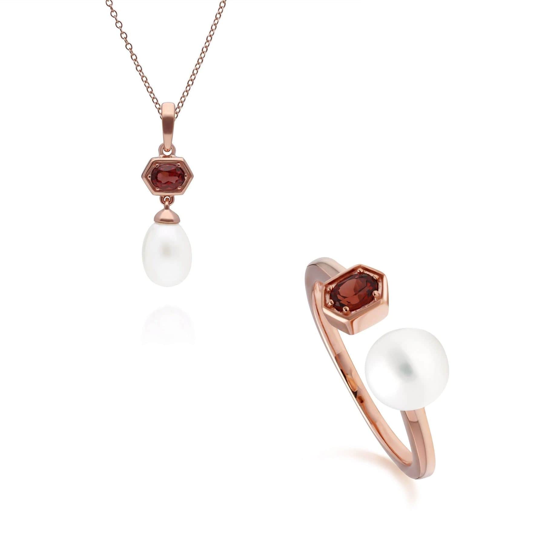 270P030407925-270R058908925 Modern Pearl & Garnet Pendant & Ring Set in Rose Gold Plated Silver 1