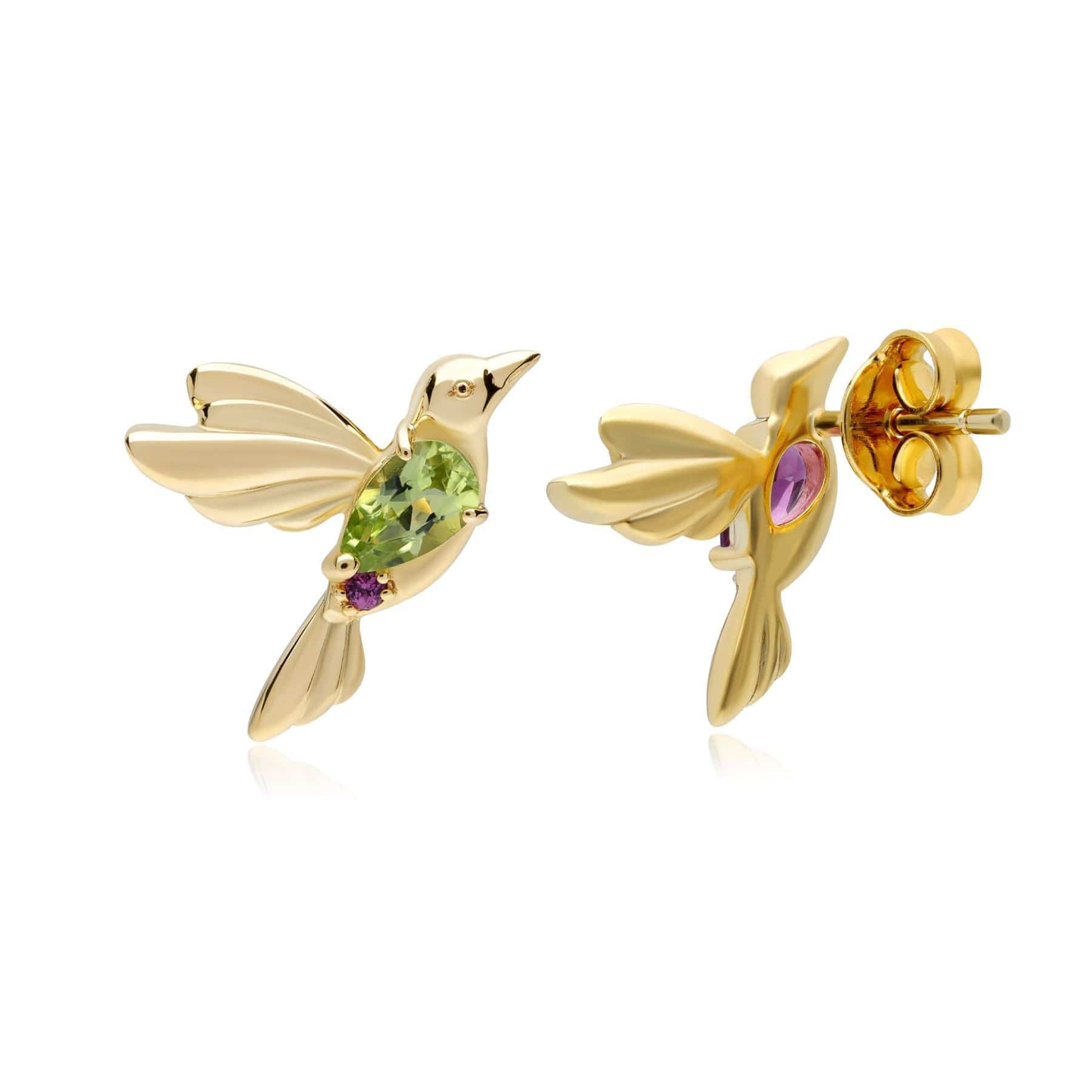 253E336701925 ECFEW™ Creator Mismatched Peridot & Rhodolite Hummingbird Stud Earrings In Sterling Silver 2