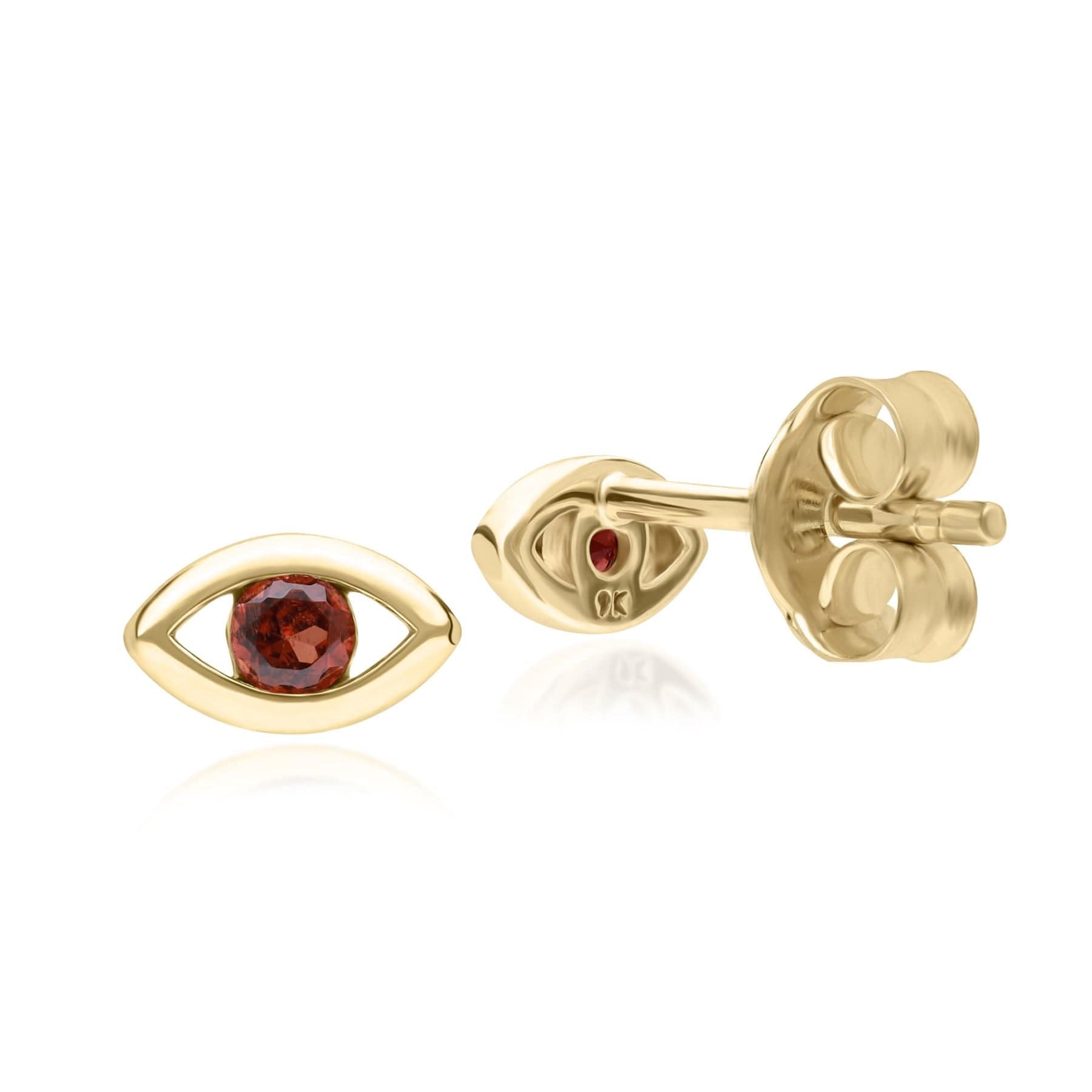 135E1825049 ECFEW™ Dainty Evil Eye Garnet Stud Earrings in 9ct Yellow Gold Side