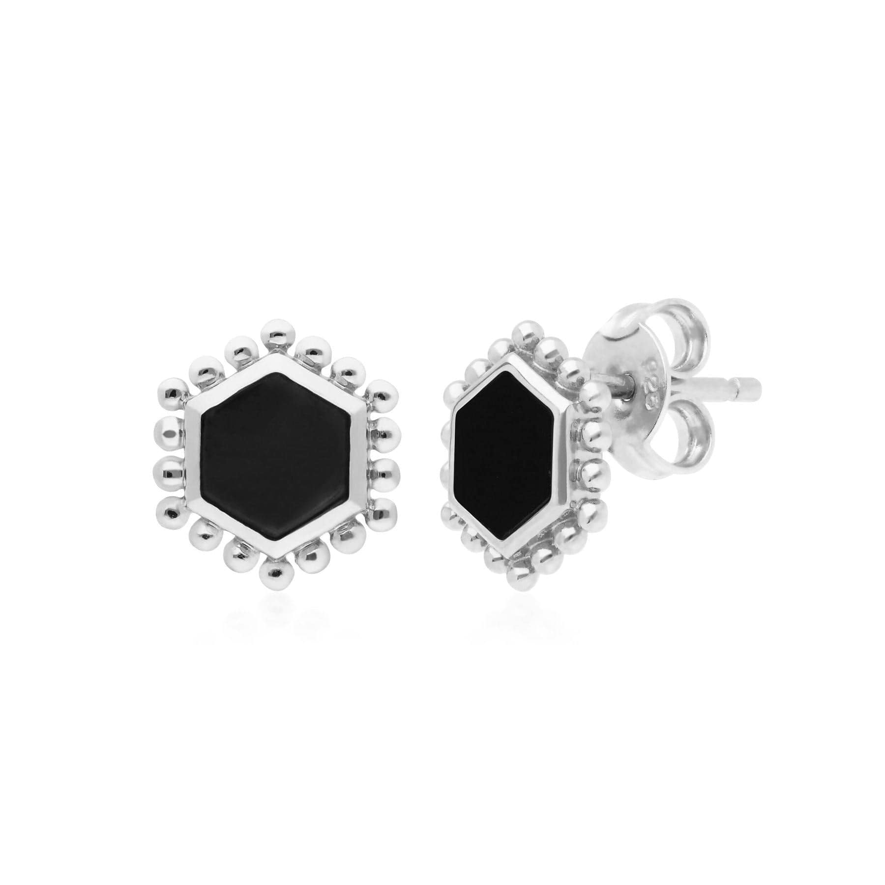 271E021001925 Black Onyx Flat Slice Hex Stud Earrings in Sterling Silver 1